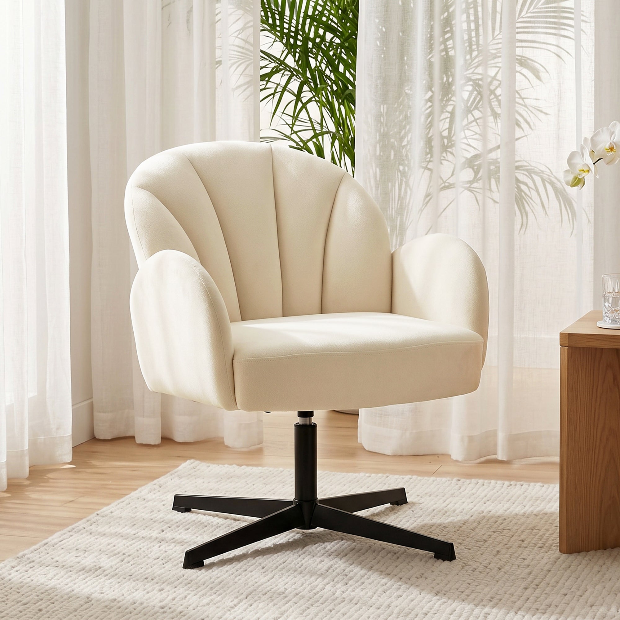 Fauteuil salon pivotant, fauteuil coquillage rembourré en velours avec coussin à ressorts, base en acier, chaise coiffeuse moderne, pour chambre, coins lecture, beige