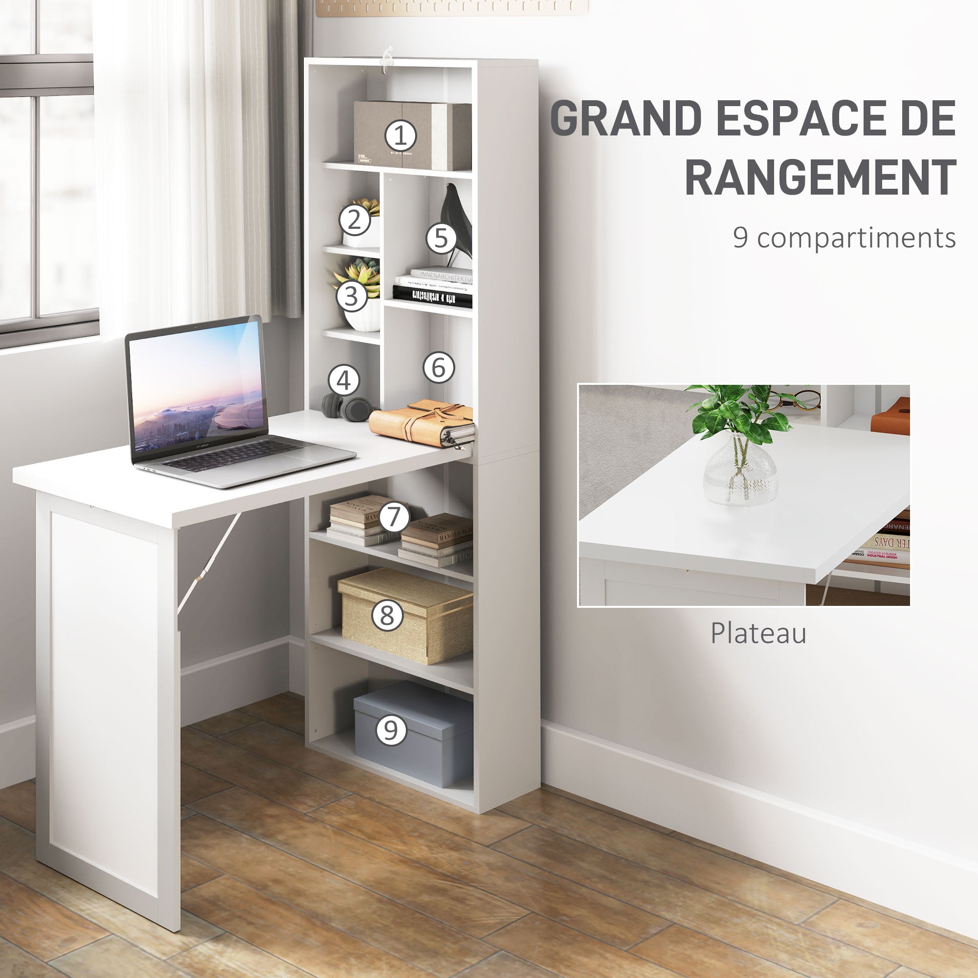 Bureau informatique pliable, bureau avec bibliothèque, poste de travail, tableau blanc, 9 compartiments ouverts et étagère réglable, table d'ordinateur pour chambre, 98x51x153cm, blanc