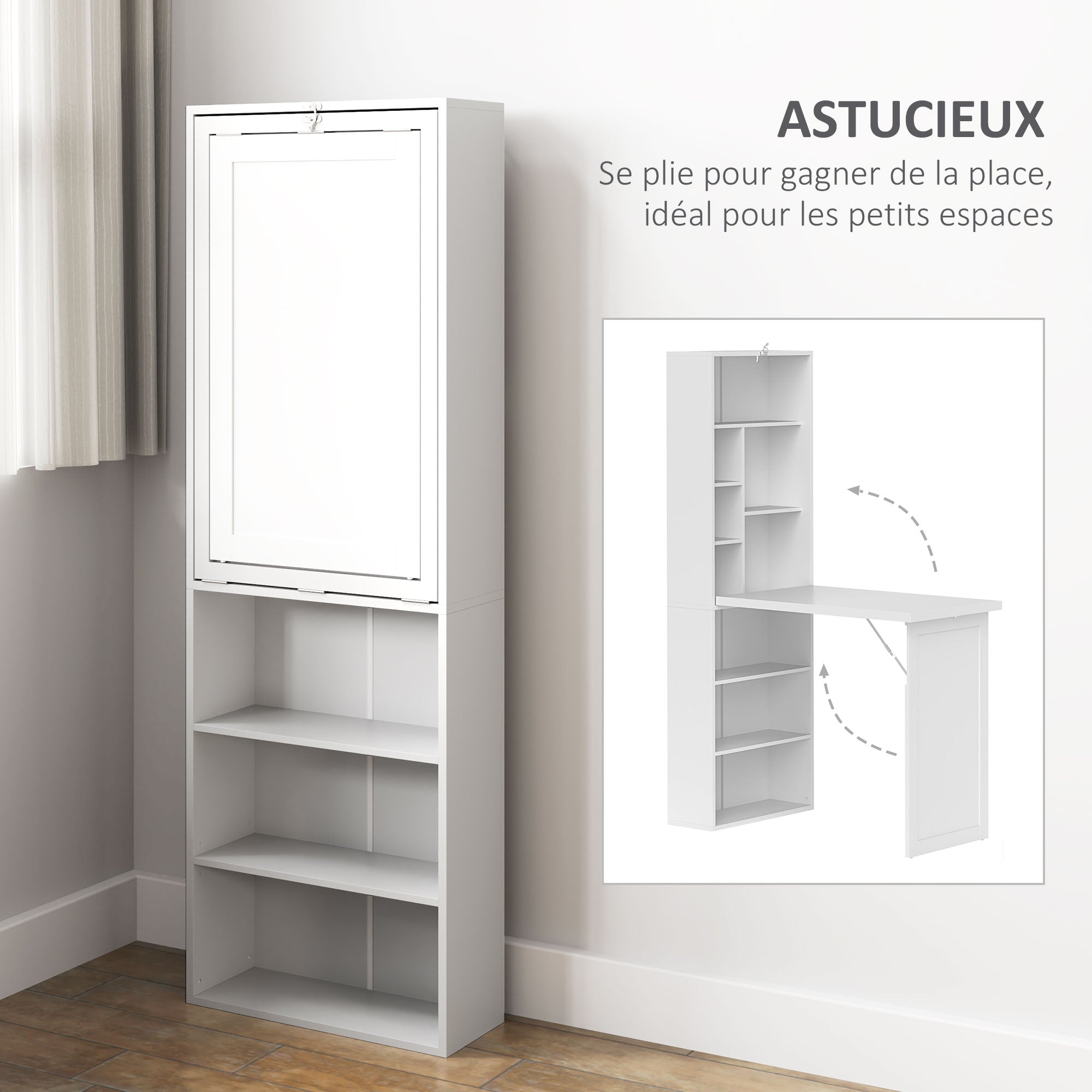 Bureau informatique pliable, bureau avec bibliothèque, poste de travail, tableau blanc, 9 compartiments ouverts et étagère réglable, table d'ordinateur pour chambre, 98x51x153cm, blanc