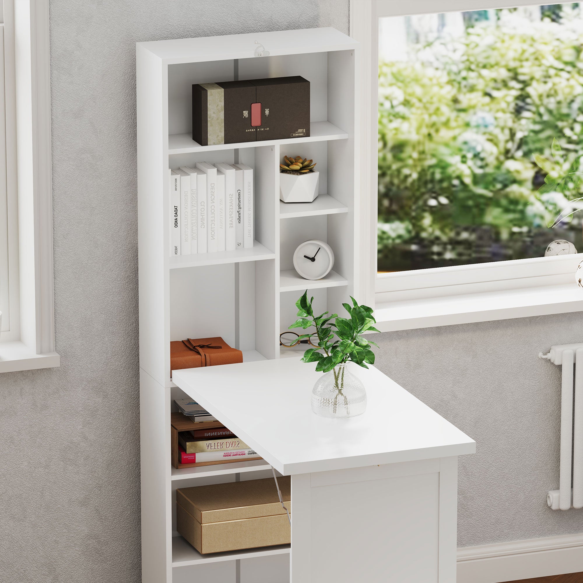 Bureau informatique pliable, bureau avec bibliothèque, poste de travail, tableau blanc, 9 compartiments ouverts et étagère réglable, table d'ordinateur pour chambre, 98x51x153cm, blanc