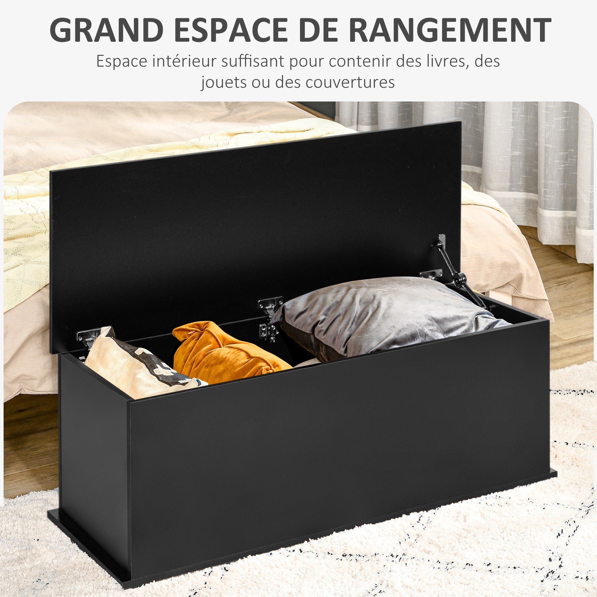 Coffre de rangement, banc de rangement avec couvercle rabattable et charnières de sécurité, banc chaussures, meuble d'entrée, couloir, chambre, salon, 100 x 40 x 40 cm, noir