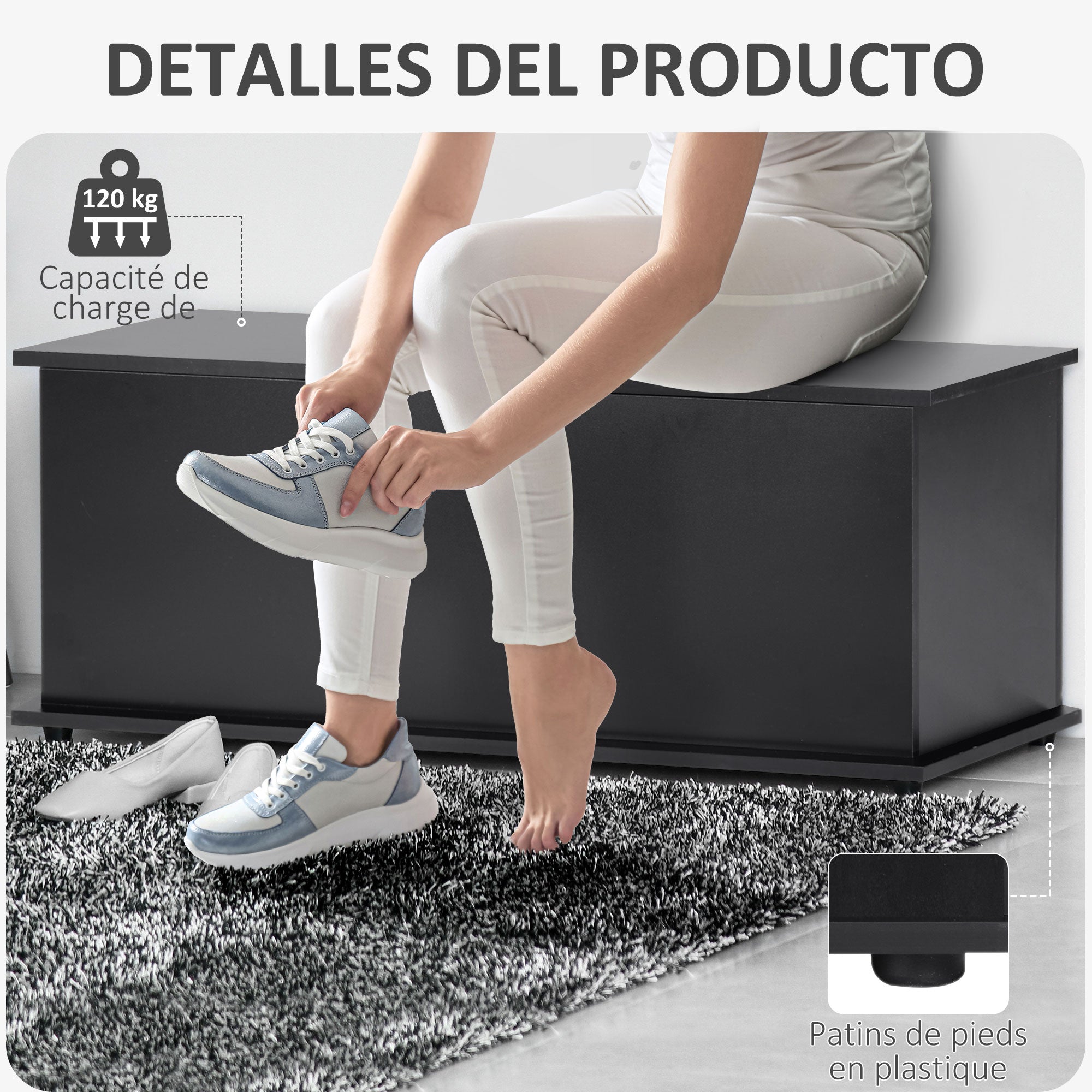 Coffre de rangement, banc de rangement avec couvercle rabattable et charnières de sécurité, banc chaussures, meuble d'entrée, couloir, chambre, salon, 100 x 40 x 40 cm, noir