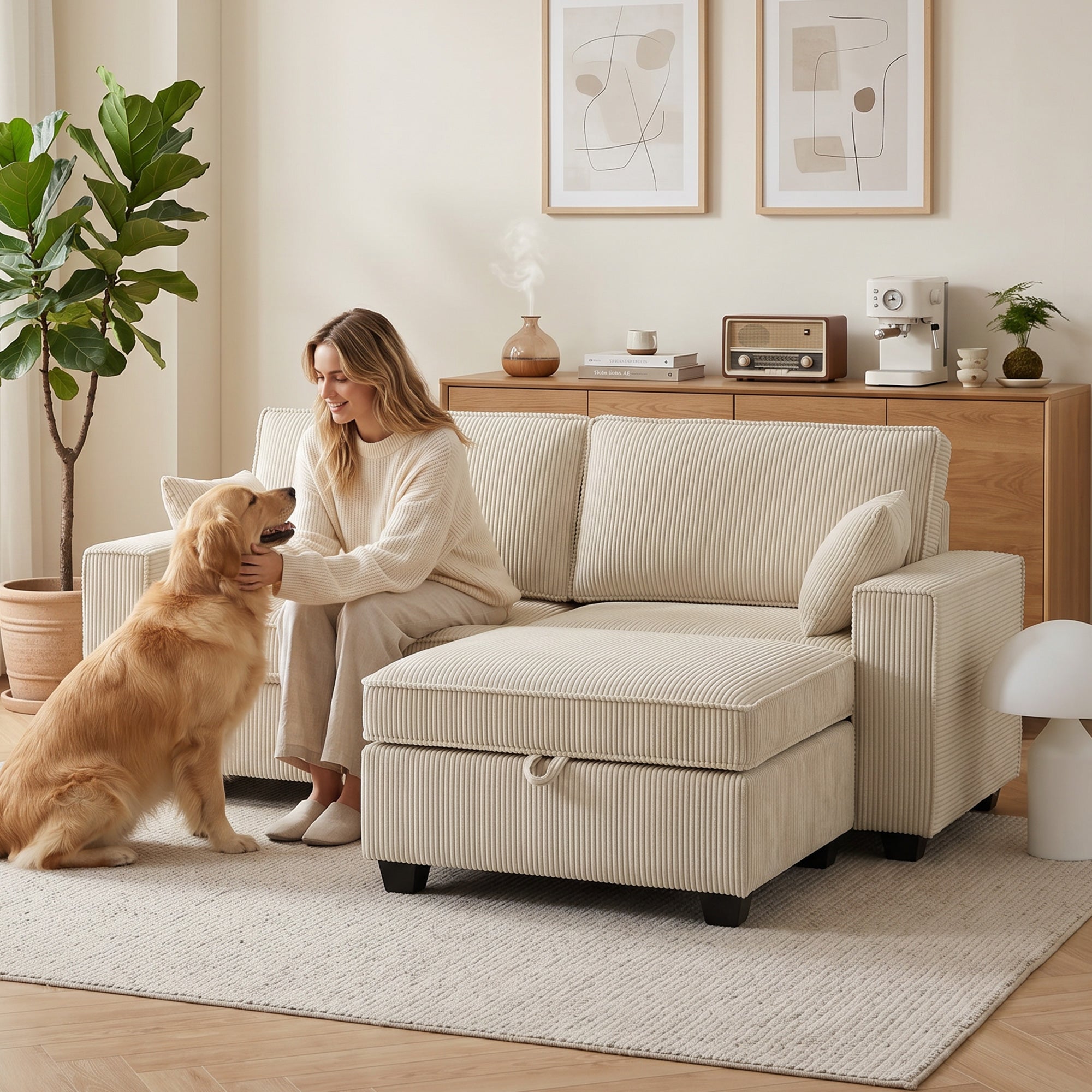 Canapé 3 Places avec Pouf de Rangement, Canapé d'Angle en Velours Côtelé 216 cm, Assise Large, Accoudoirs Larges, 2 Coussins, Coussins à Ressorts, Poches Latérales, pour Salon, Chambre, Beige