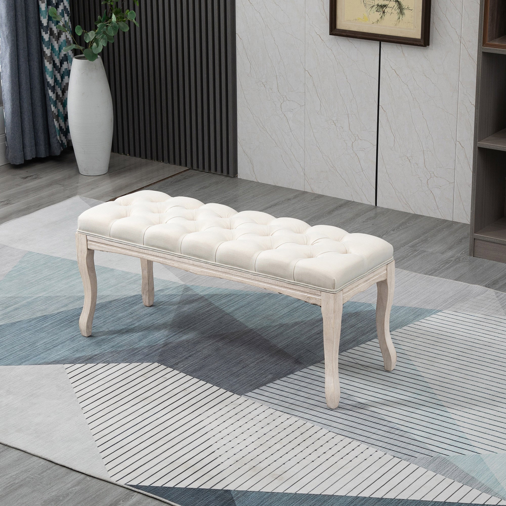 Banc Banquette capitonnée Style Classique 110 cm Bout de lit Rembourrée en lin piètement Bois hévéa sculpté Lin Beige