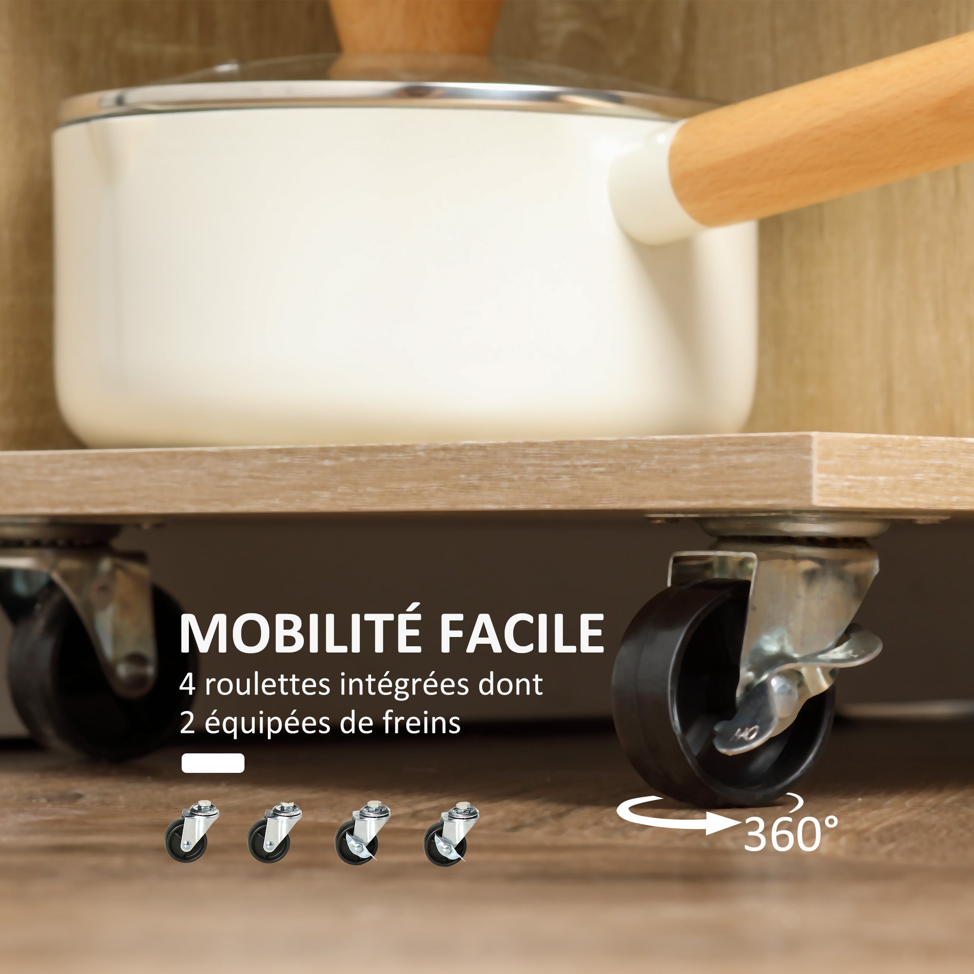 Desserte de cuisine, chariot de service, roues pivotantes 360°, étagères avec barrières, îlot central cuisine, avec tiroir, étagères, placard, 65 x 39 x 80 cm, naturel