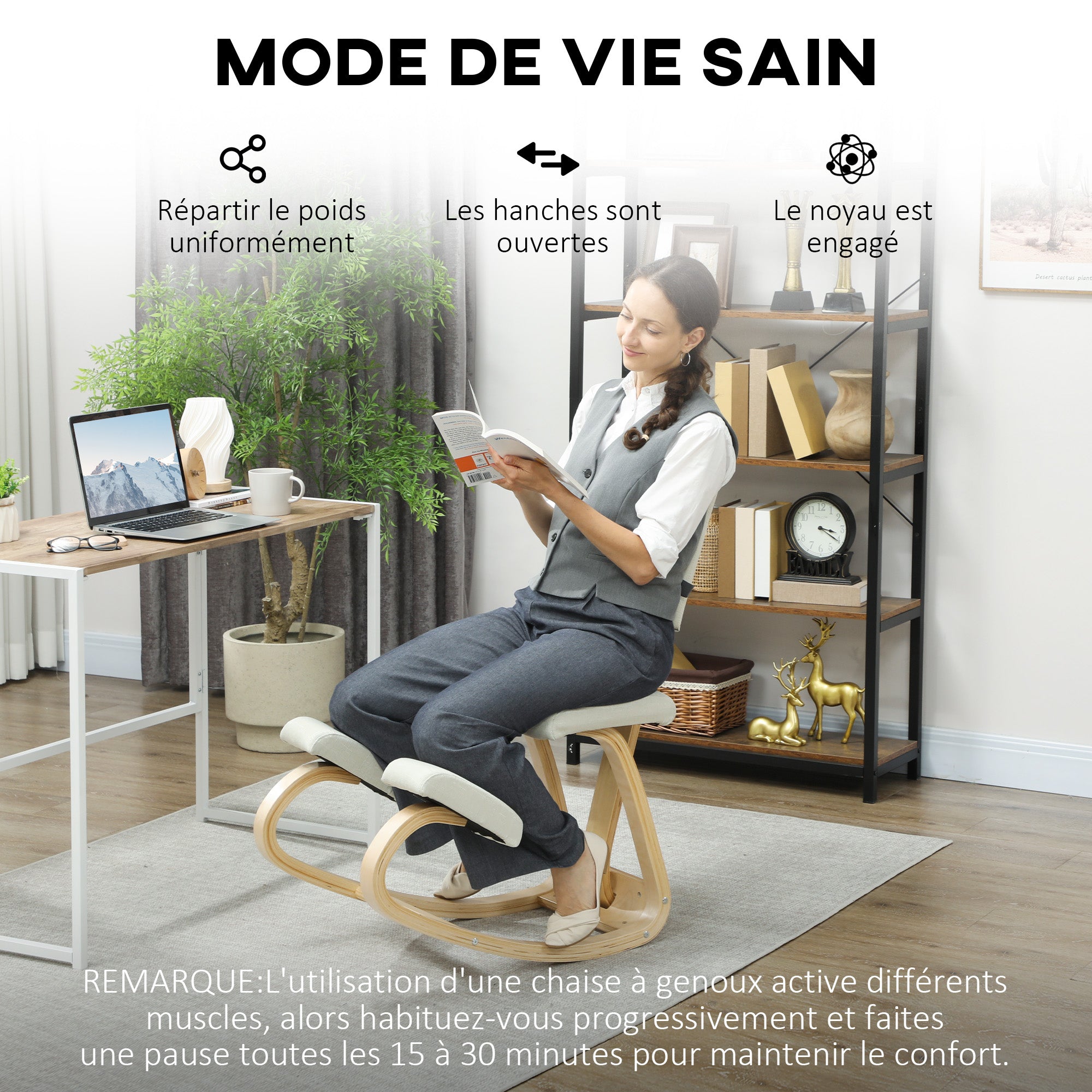 Chaise à genoux ergonomique avec dossier, siège assis genoux à bascule, tabouret ergonomique en bois, tabouret bureau orthopédique, correcteur de posture, soulager les douleurs au dos, crème