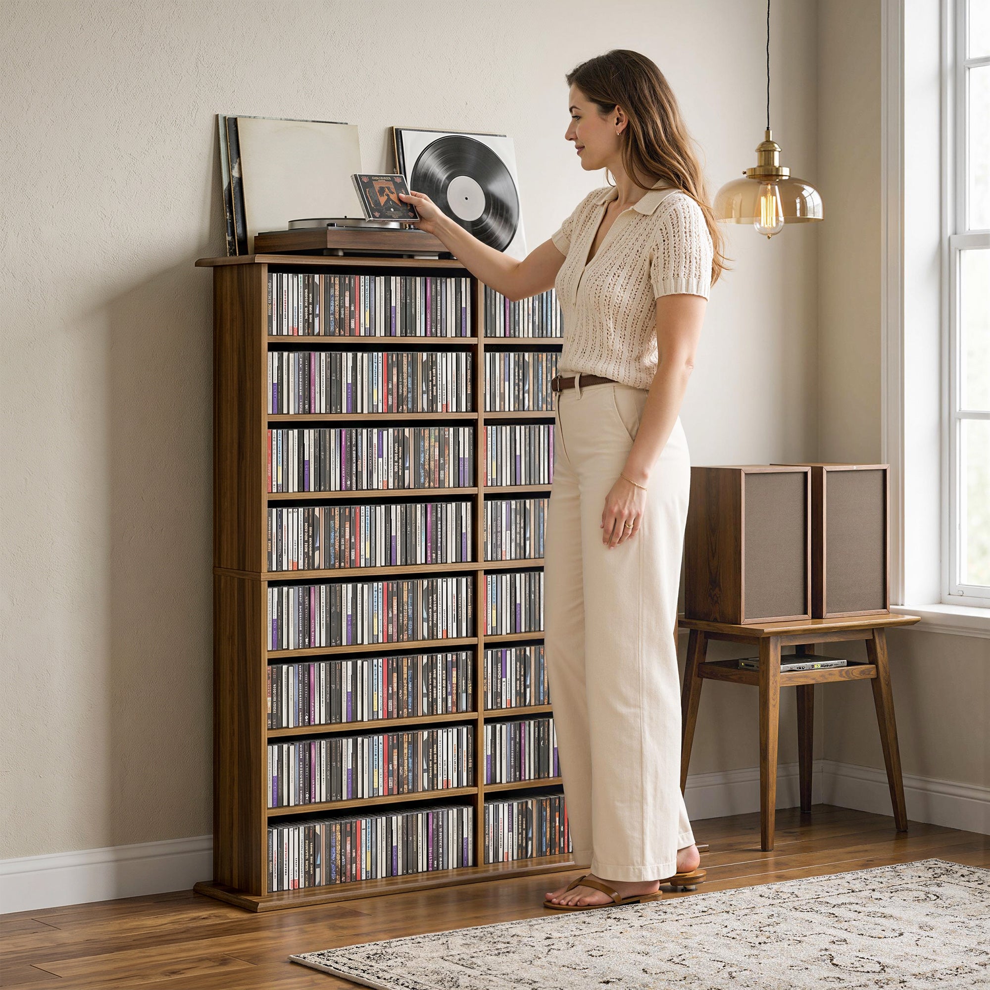 Rangements pour CD et DVD, meuble de rangement multimédia, capacité 720 CD/396 DVD et Blu-ray, 16 compartiments et 12 étagères réglables, pour salon, chambre, 106,5x24x126,3cm, noyer