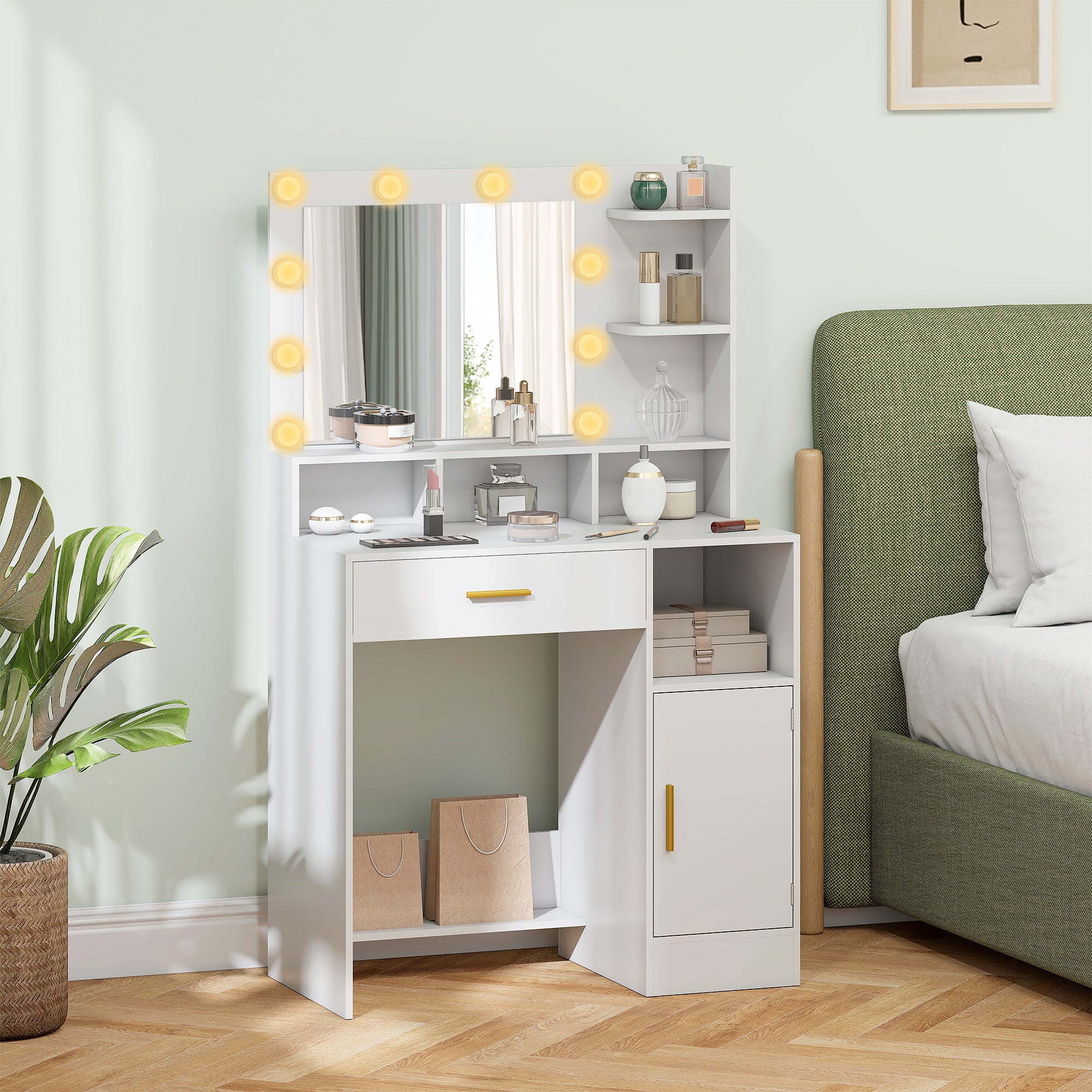 Coiffeuse avec miroir LED, table de maquillage moderne avec 10 lumières LED à 3 couleurs réglables, grand miroir, tiroir, placard et étagères ouvertes, pour chambre à coucher, blanc