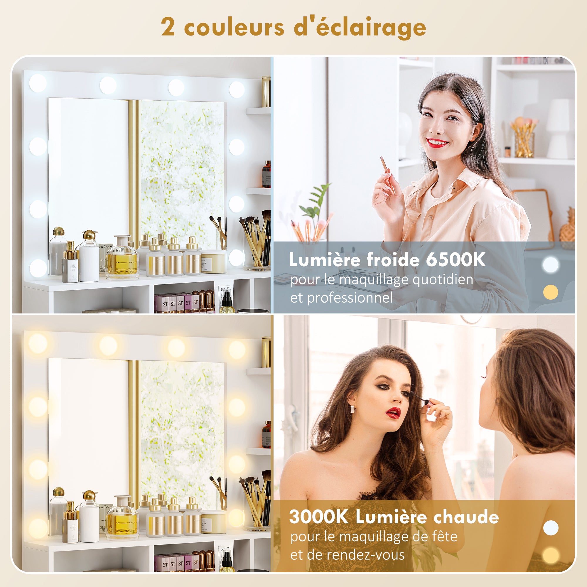 Coiffeuse avec miroir LED, table de maquillage moderne avec 10 lumières LED à 3 couleurs réglables, grand miroir, tiroir, placard et étagères ouvertes, pour chambre à coucher, blanc