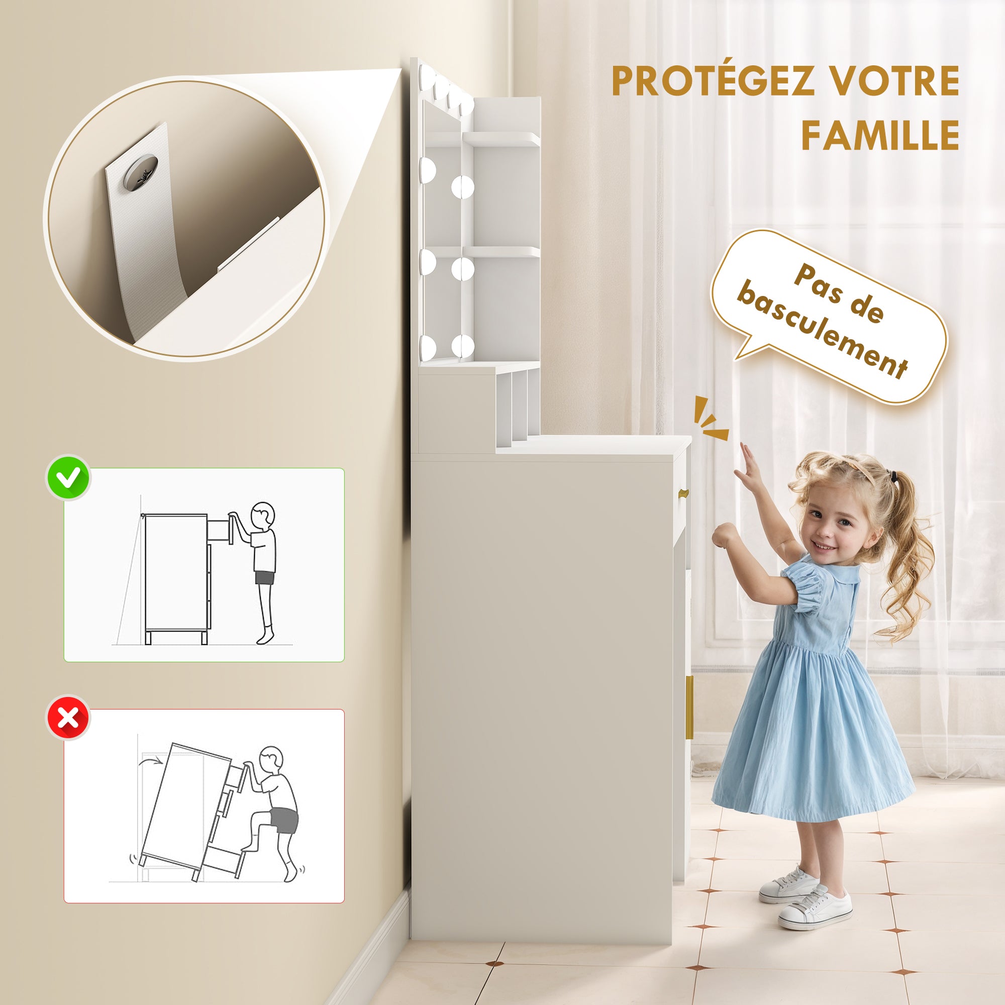 Coiffeuse avec miroir LED, table de maquillage moderne avec 10 lumières LED à 3 couleurs réglables, grand miroir, tiroir, placard et étagères ouvertes, pour chambre à coucher, blanc