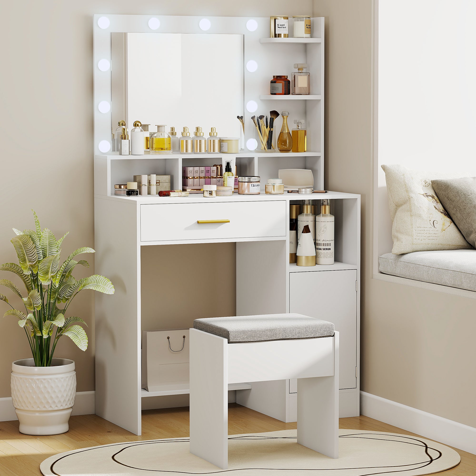 Coiffeuse avec miroir LED, table de maquillage moderne avec 10 lumières LED à 3 couleurs réglables, grand miroir, tiroir, placard et étagères ouvertes, pour chambre à coucher, blanc