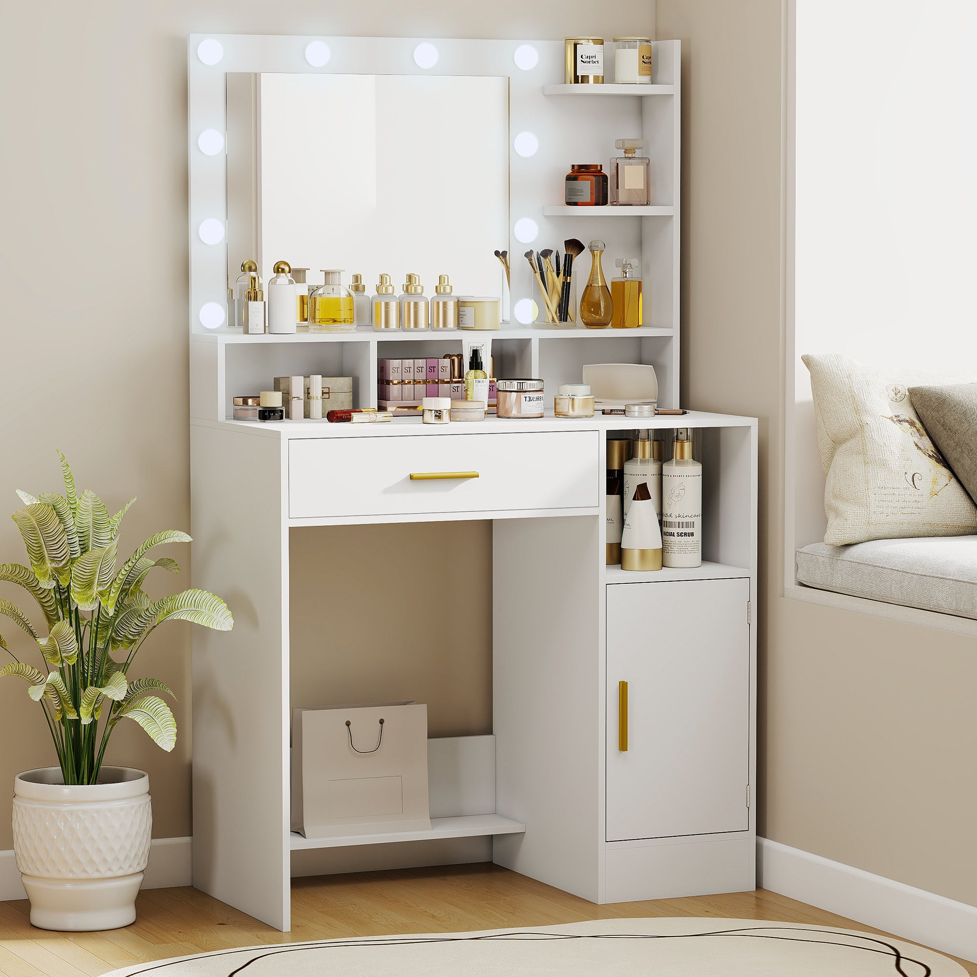 Coiffeuse avec miroir LED, table de maquillage moderne avec 10 lumières LED à 3 couleurs réglables, grand miroir, tiroir, placard et étagères ouvertes, pour chambre à coucher, blanc