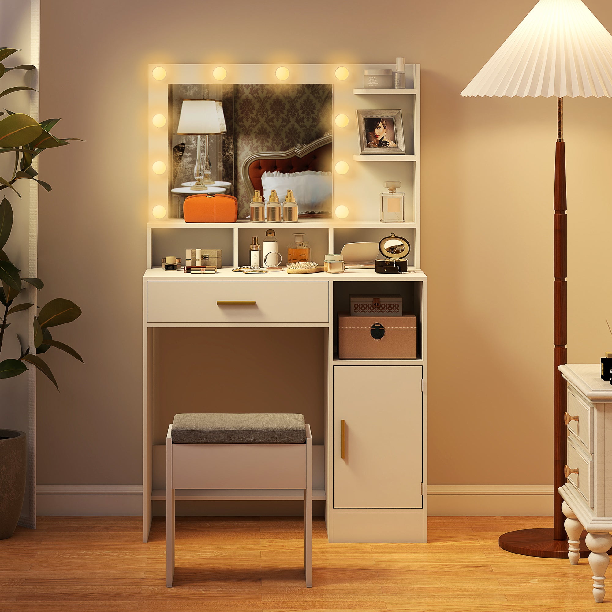 Coiffeuse avec miroir LED, table de maquillage moderne avec 10 lumières LED à 3 couleurs réglables, grand miroir, tiroir, placard et étagères ouvertes, pour chambre à coucher, blanc