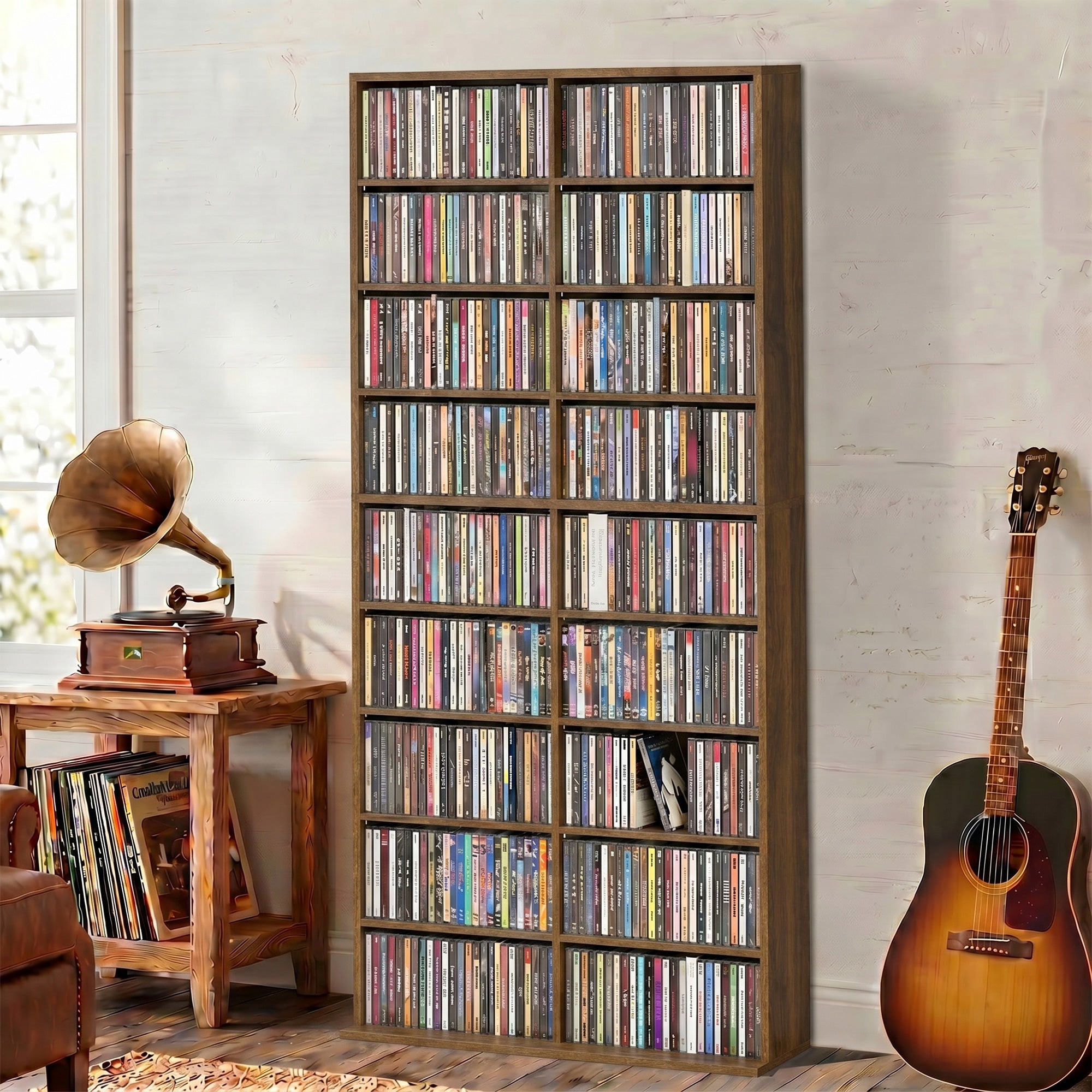 Rangements pour CD et DVD, meuble de rangement multimédia, capacité max. 640 CD/360 DVD et 430 Blu-ray, 18 compartiments 14 étagères réglables, pour salon, chambre, 78,5x24x175cm, noyer foncé