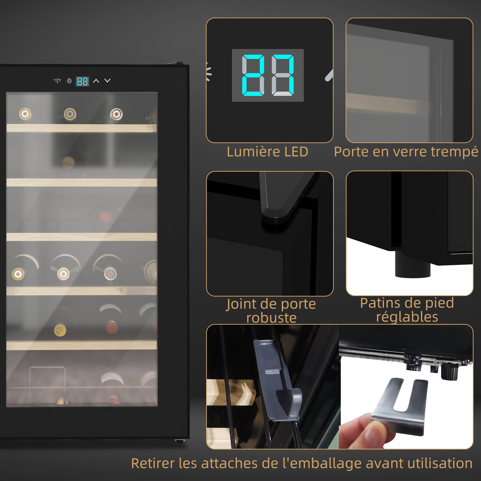 Cave à vin 24 bouteilles 65L, réfrigérateur à vin silencieux température réglable 5-20°, avec éclairage LED, panneau de commande tactile, haute performance 41dB noir