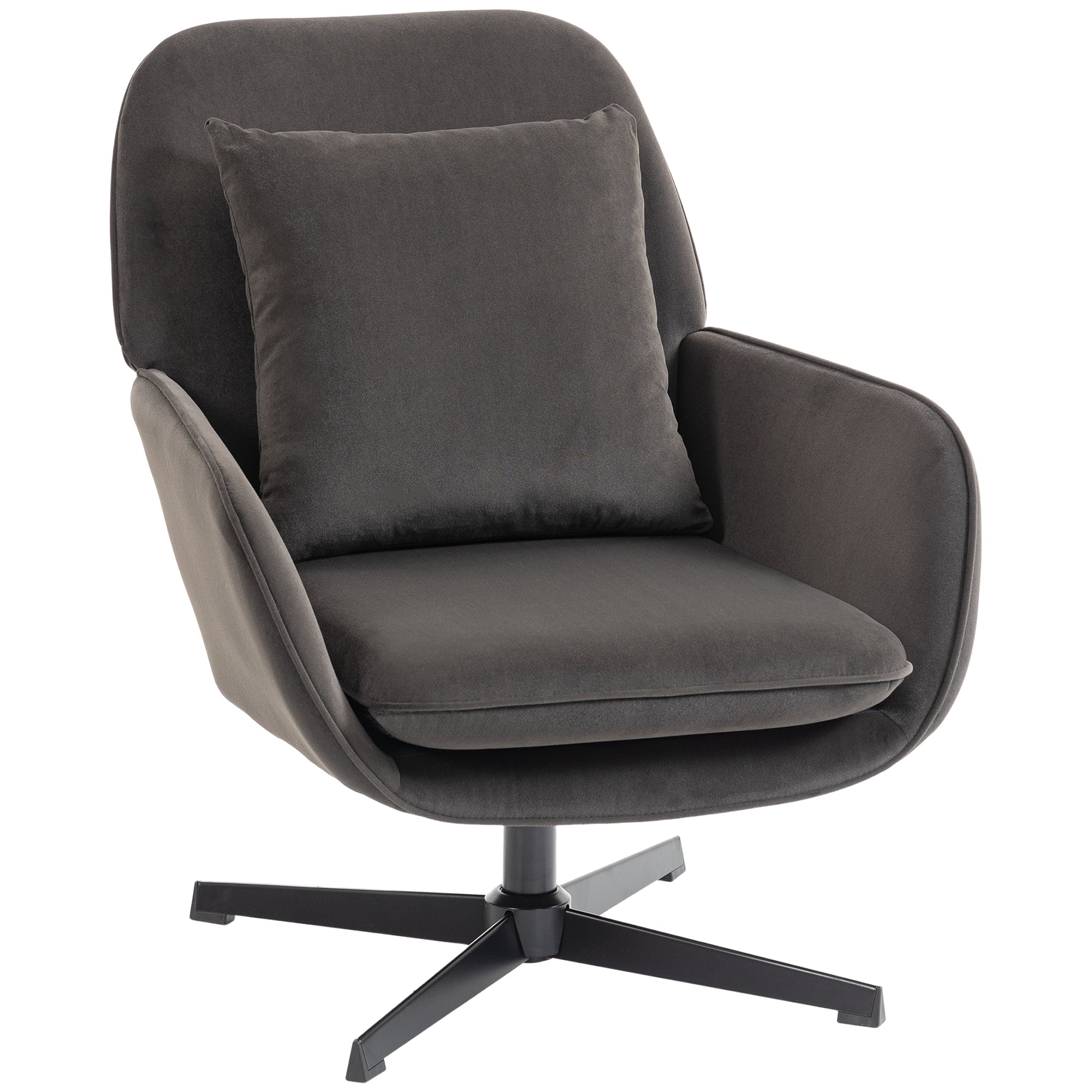 Fauteuil salon pivotant, fauteuil d'appoint rembourré en velours avec large assise, coussin et structure en métal, chaise de salon, chambre, coins lecture, gris foncé