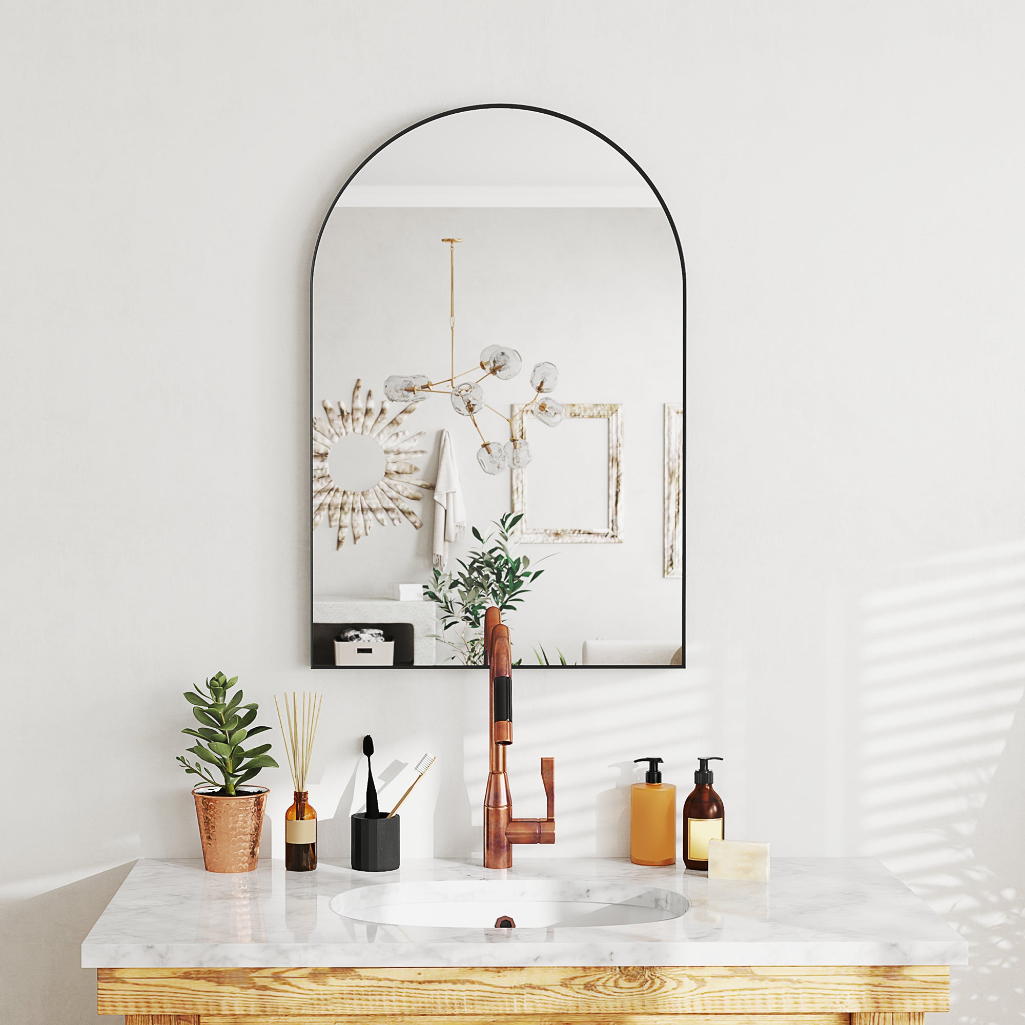 Miroir mural arqué, miroir de salle de bain, 60 x 90 cm, haute définition, avec cadre en alliage d'aluminium, pour chambre, salon, entrée, noir