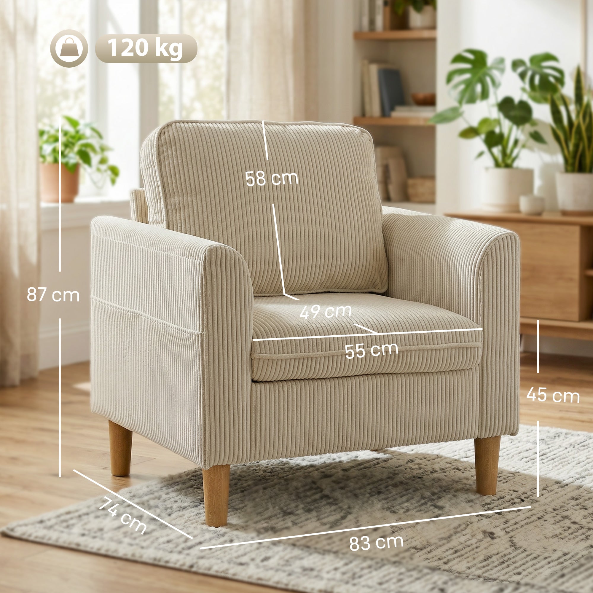 Fauteuil de salon en velours côtelé, canapé 1 place rembourré avec assise large et coussin à ressorts, style moderne, pour chambre, salon, petit espace, beige