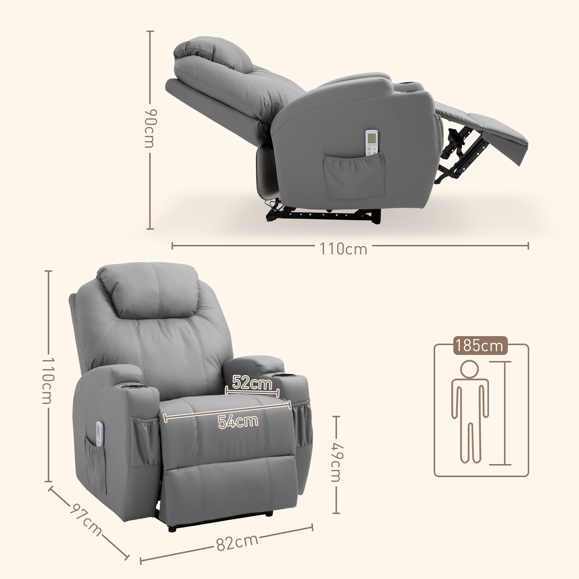 Fauteuil de Massage Inclinable, Chaise de Relaxation avec dossier et repose-pied électrique réglables revêtement synthétique pour Salon, Chambre, Cinéma Maison Gris