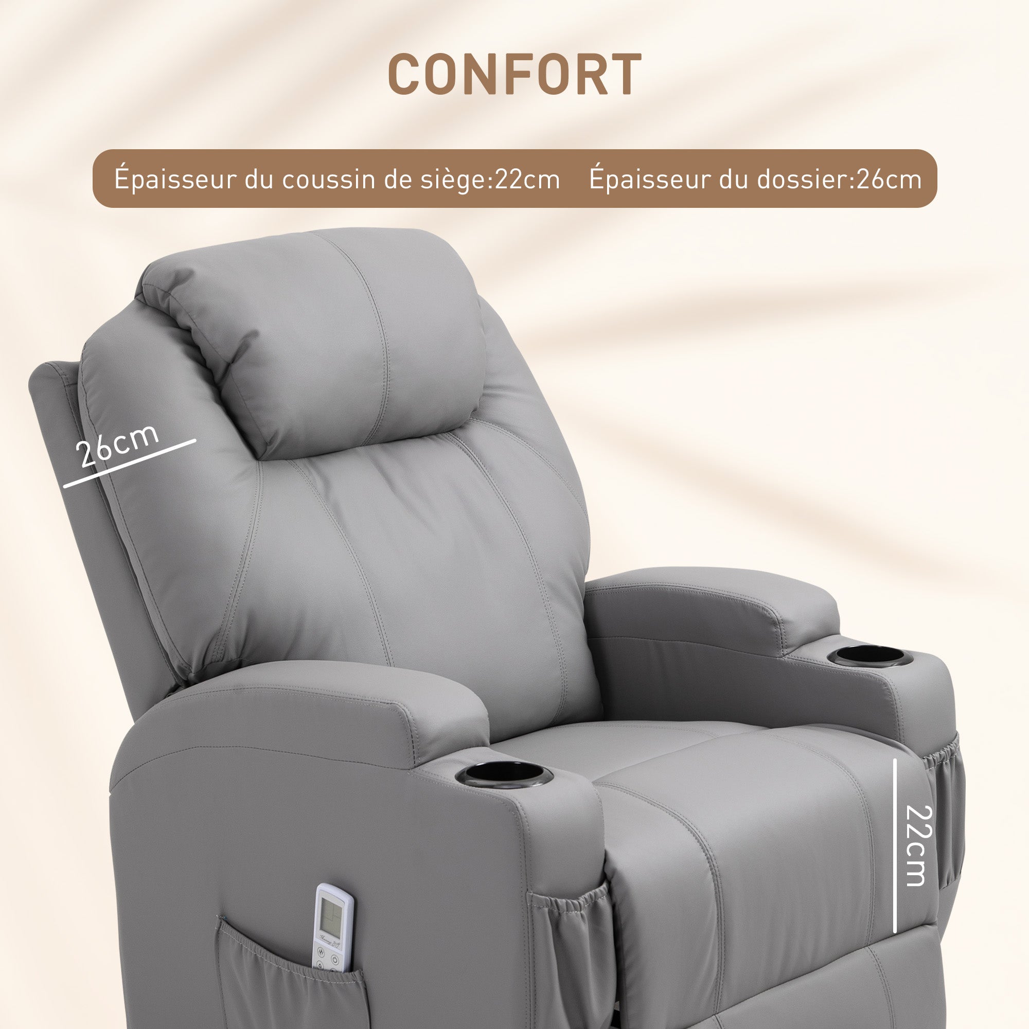 Fauteuil de Massage Inclinable, Chaise de Relaxation avec dossier et repose-pied électrique réglables revêtement synthétique pour Salon, Chambre, Cinéma Maison Gris
