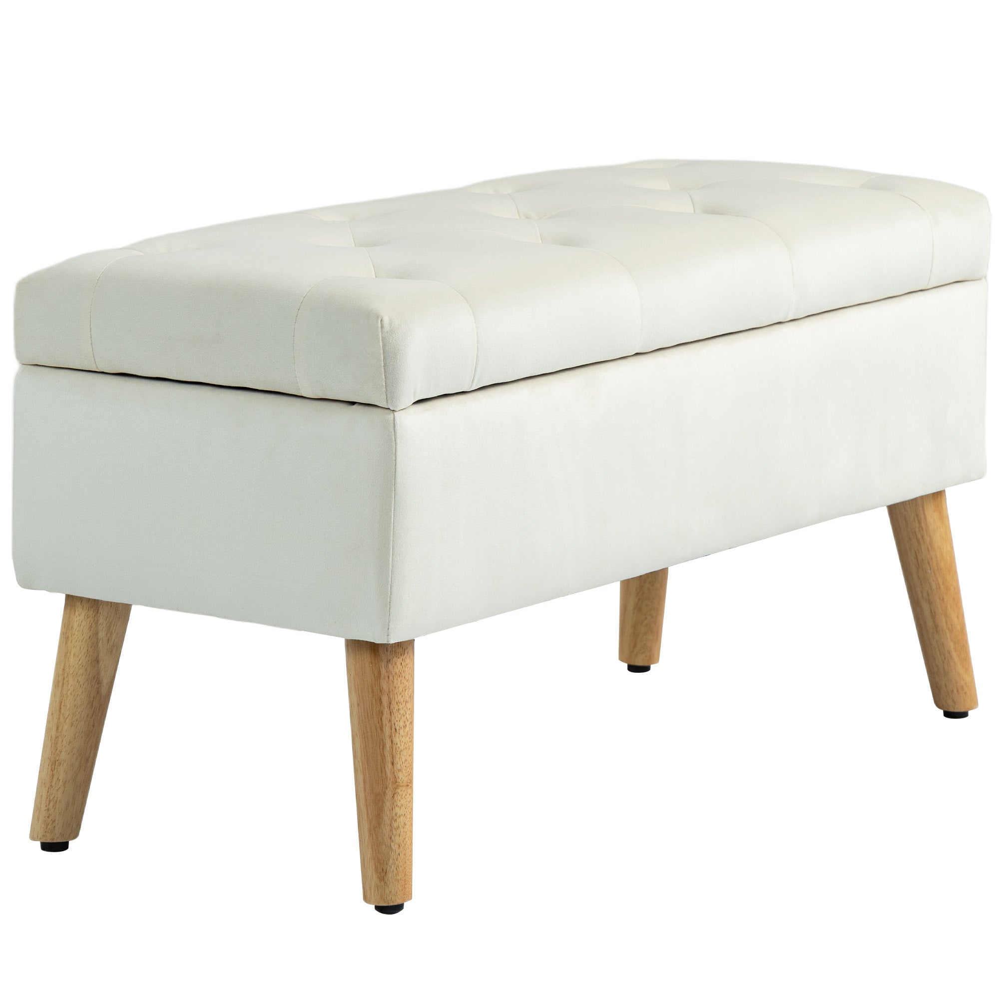 Banc de rangement, coffre de rangement, avec couvercle, tissu effet velours, pieds en bois, charge jusqu'à 120 kg, pour salon, chambre, entrée, 80 x 35 x 40 cm, crème