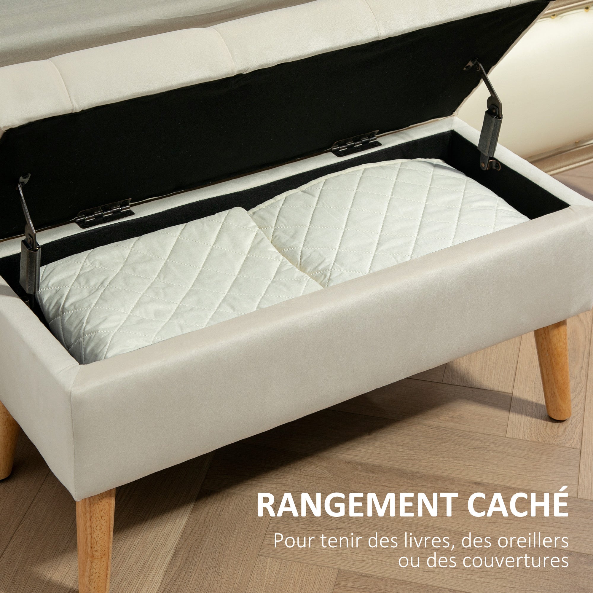 Banc de rangement, coffre de rangement, avec couvercle, tissu effet velours, pieds en bois, charge jusqu'à 120 kg, pour salon, chambre, entrée, 80 x 35 x 40 cm, crème