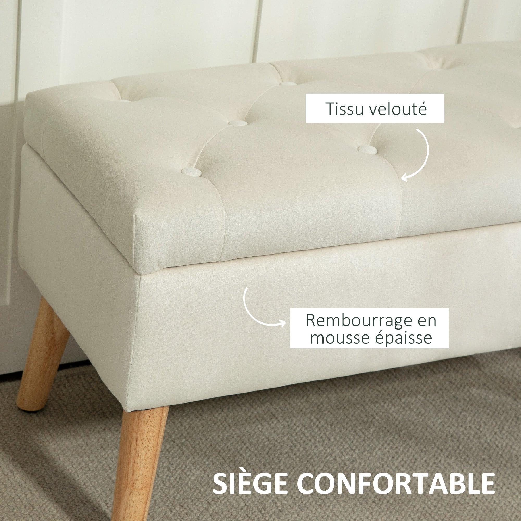 Banc de rangement, coffre de rangement, avec couvercle, tissu effet velours, pieds en bois, charge jusqu'à 120 kg, pour salon, chambre, entrée, 80 x 35 x 40 cm, crème