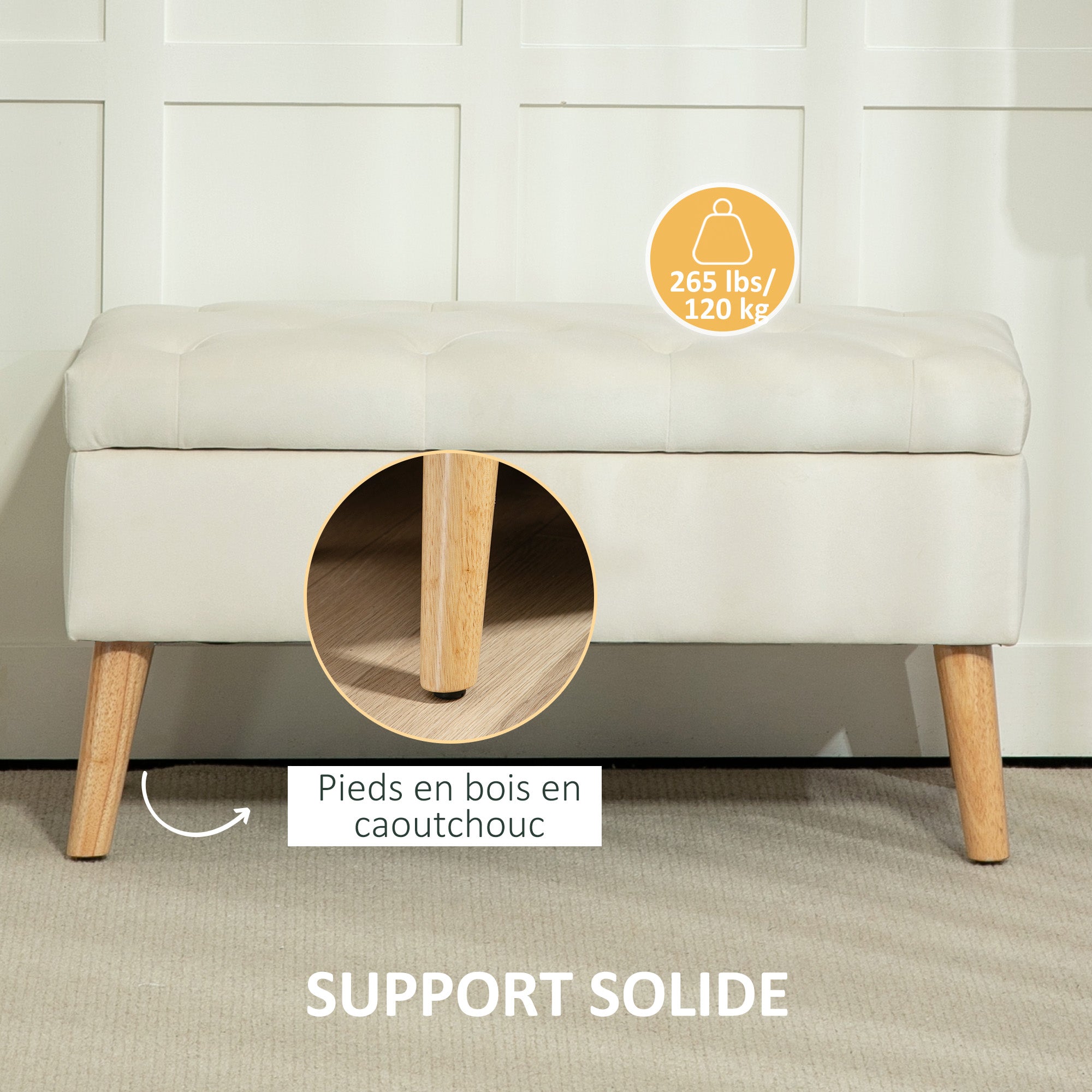 Banc de rangement, coffre de rangement, avec couvercle, tissu effet velours, pieds en bois, charge jusqu'à 120 kg, pour salon, chambre, entrée, 80 x 35 x 40 cm, crème