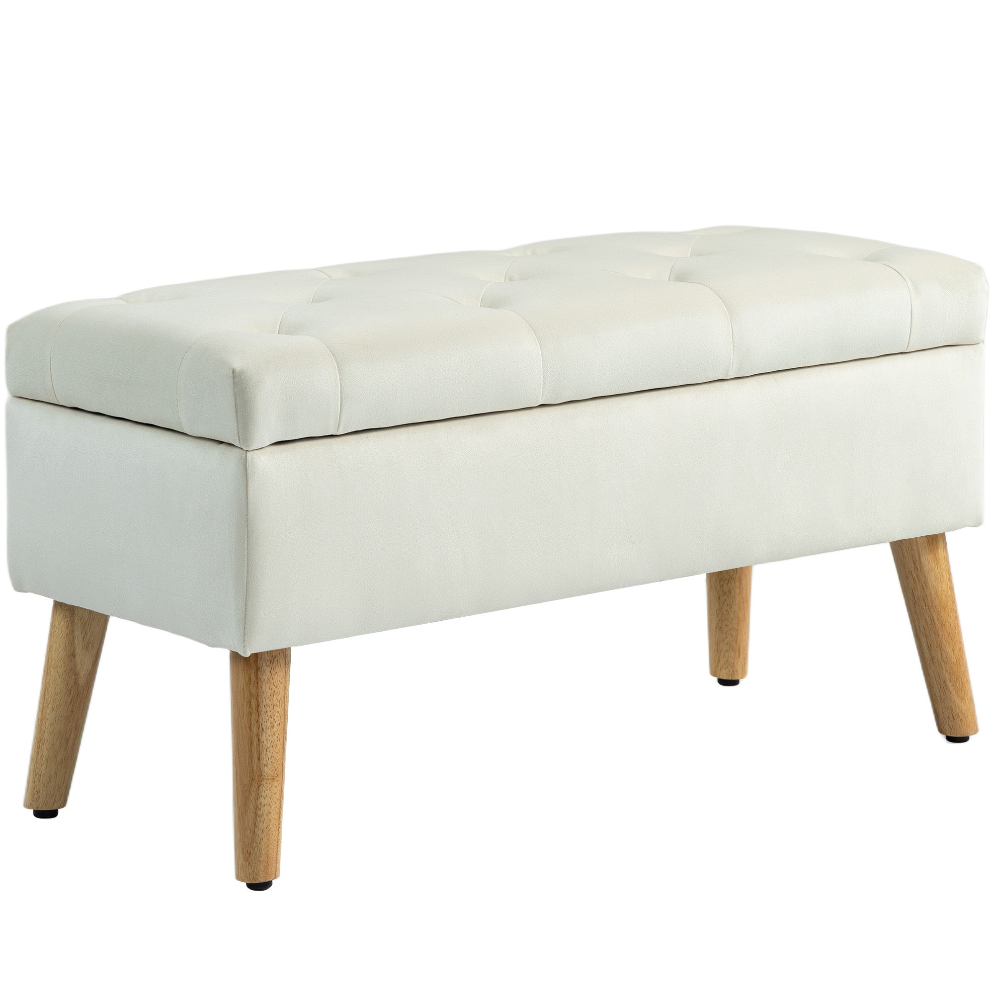 Banc de rangement, coffre de rangement, avec couvercle, tissu effet velours, pieds en bois, charge jusqu'à 120 kg, pour salon, chambre, entrée, 80 x 35 x 40 cm, crème