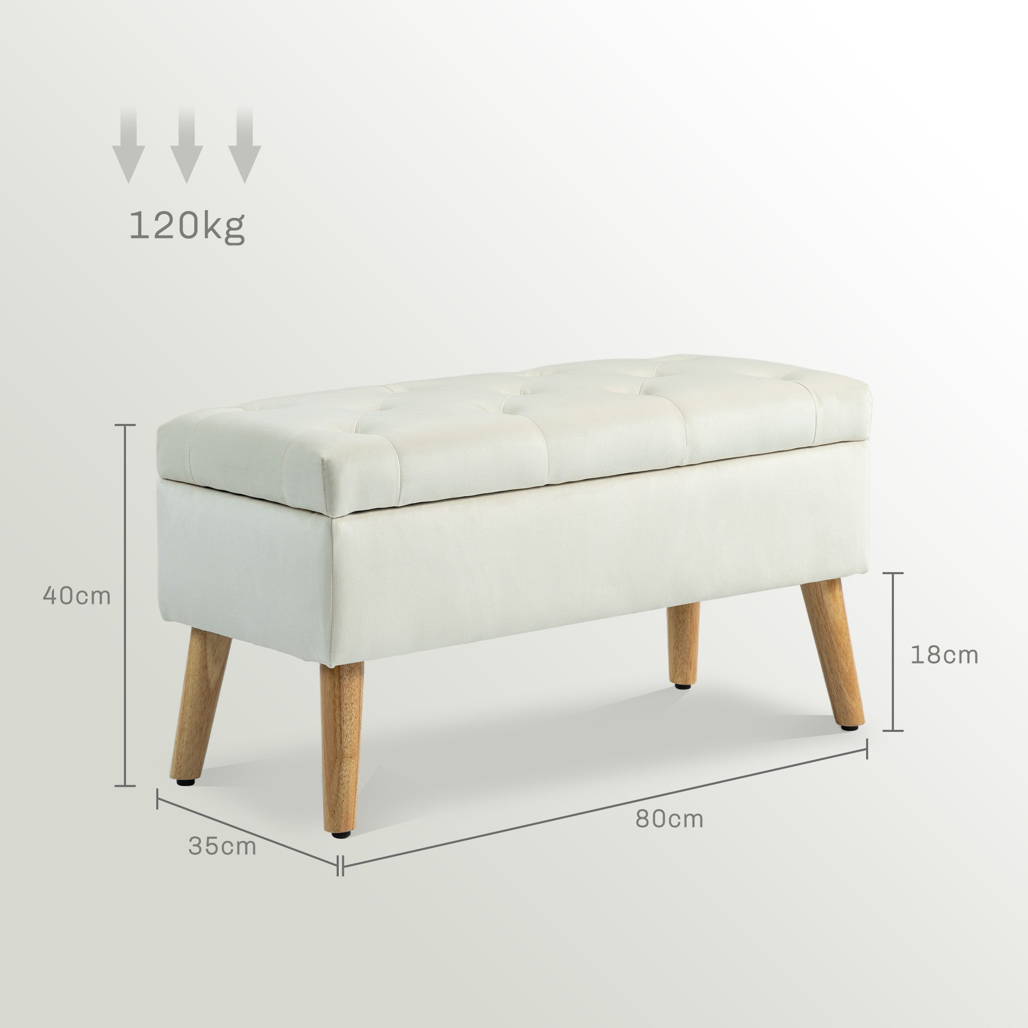 Banc de rangement, coffre de rangement, avec couvercle, tissu effet velours, pieds en bois, charge jusqu'à 120 kg, pour salon, chambre, entrée, 80 x 35 x 40 cm, crème