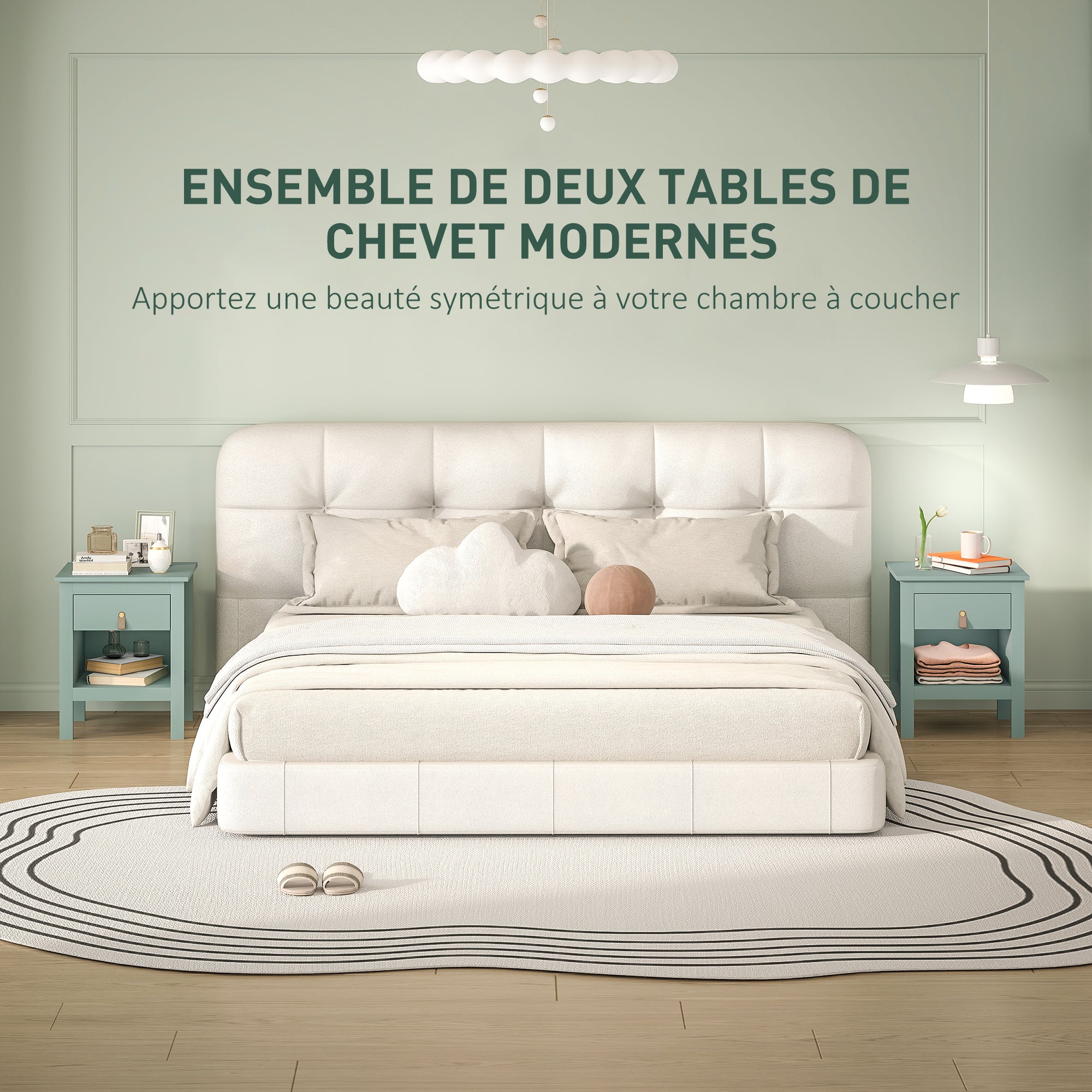Lot de 2 tables de chevet table de nuit avec tiroir et compartiment ouvert, style moderne pour chambre à coucher, salon, 45 x 40 x 55 cm, vert