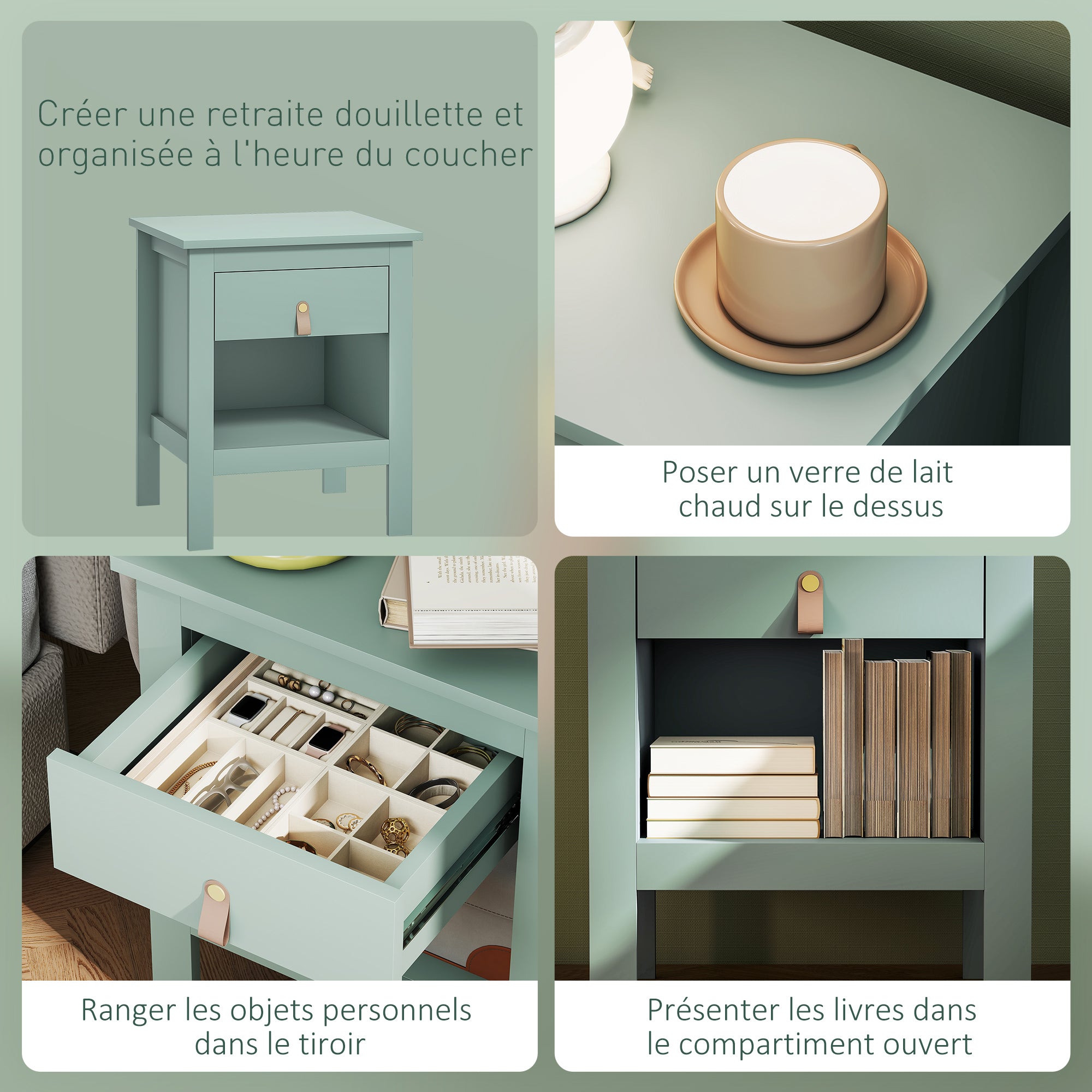 Lot de 2 tables de chevet table de nuit avec tiroir et compartiment ouvert, style moderne pour chambre à coucher, salon, 45 x 40 x 55 cm, vert