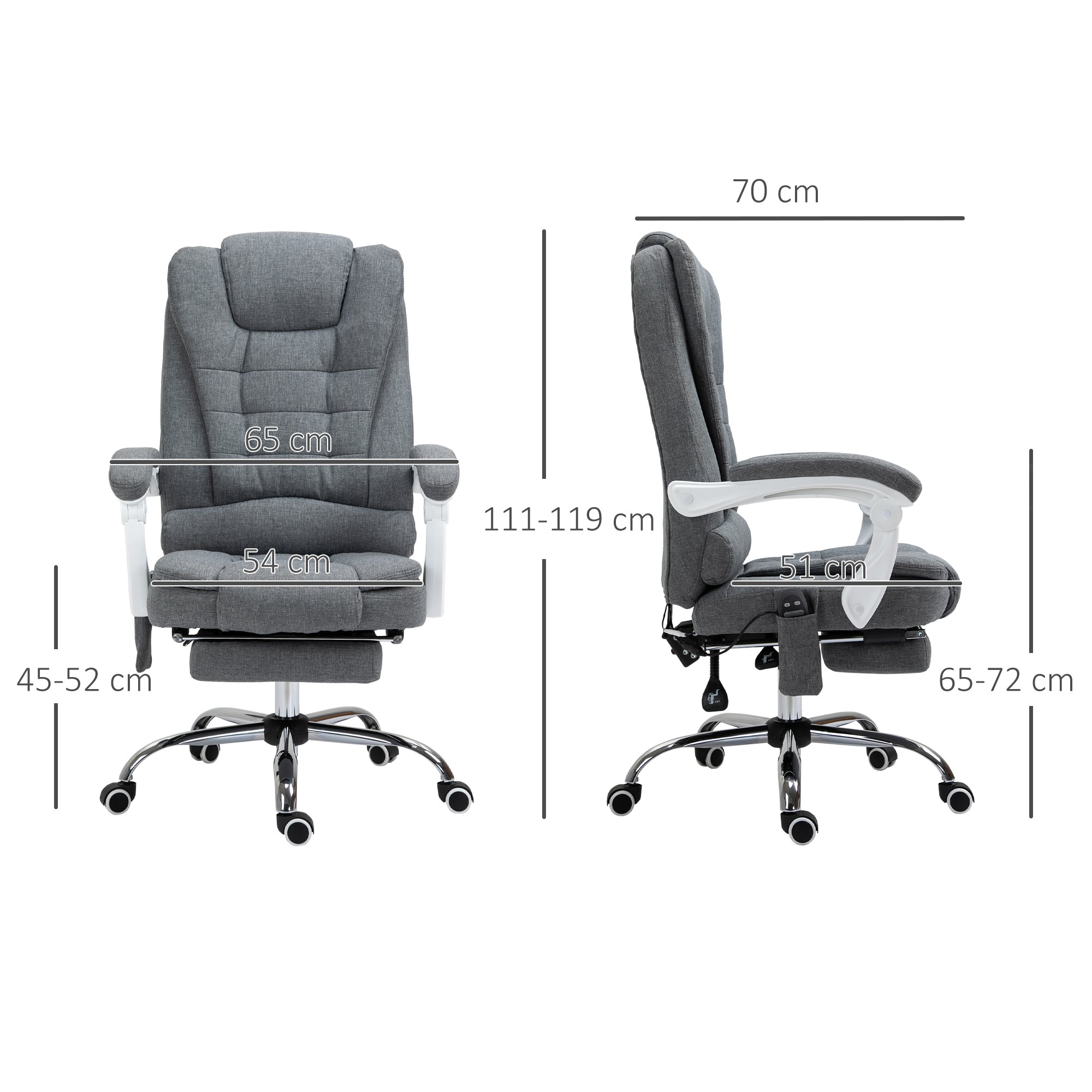 Fauteuil de bureau massant et chauffant, chaise de bureau, chaise ergonomique avec hauteur réglable, dossier inclinable et télécommande filaire, pivotant à 360°, en toile de lin, gris