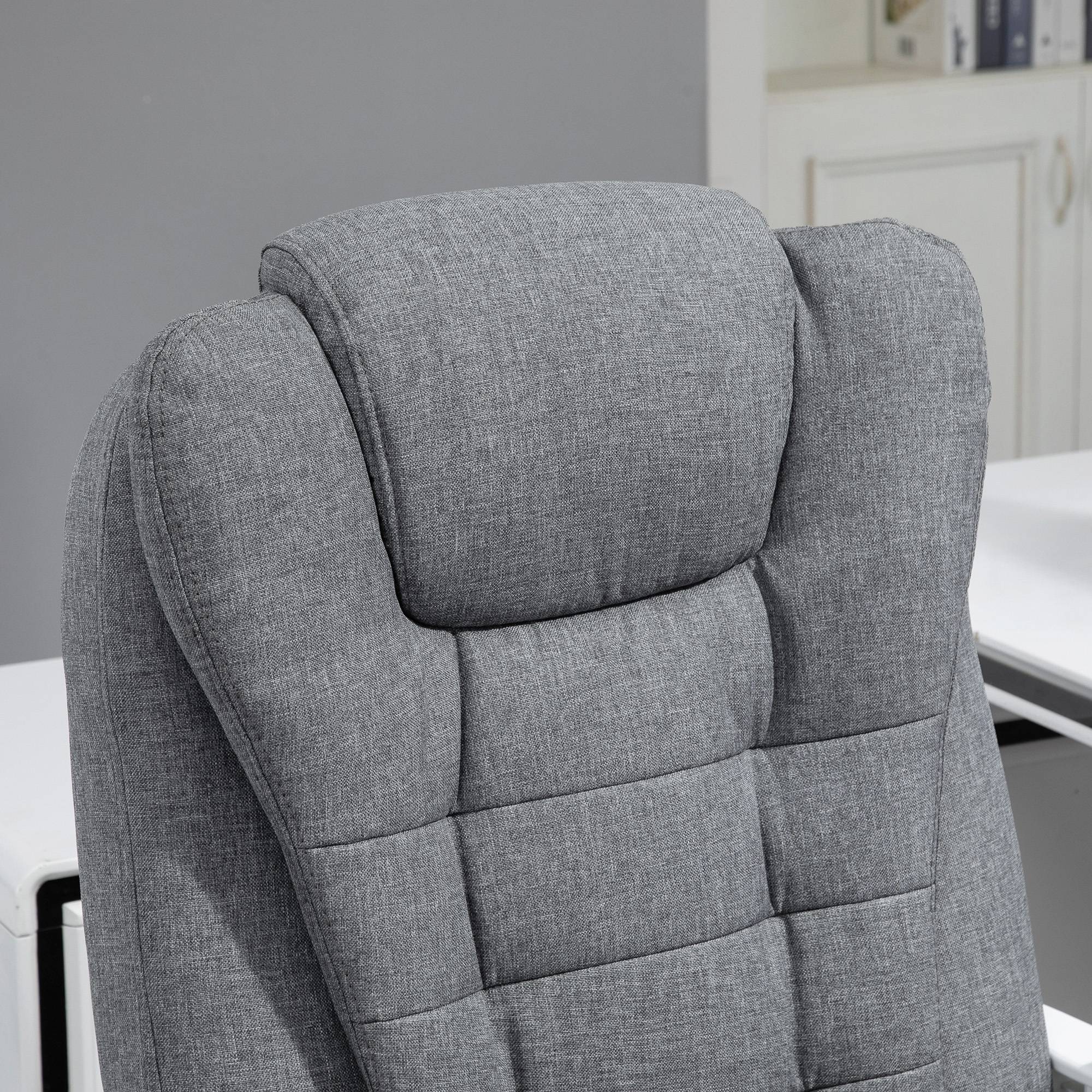 Fauteuil de bureau massant et chauffant, chaise de bureau, chaise ergonomique avec hauteur réglable, dossier inclinable et télécommande filaire, pivotant à 360°, en toile de lin, gris