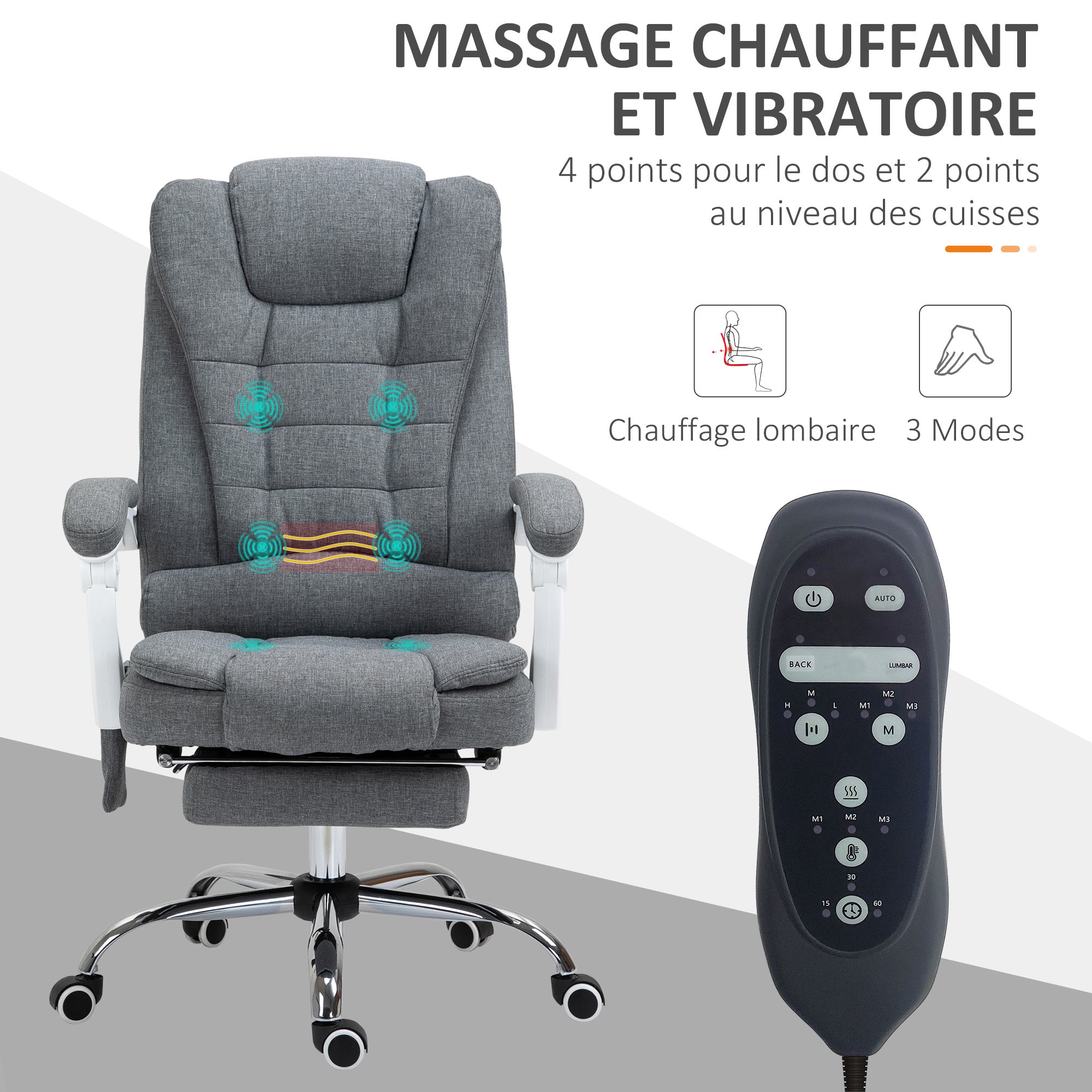 Fauteuil de bureau massant et chauffant, chaise de bureau, chaise ergonomique avec hauteur réglable, dossier inclinable et télécommande filaire, pivotant à 360°, en toile de lin, gris