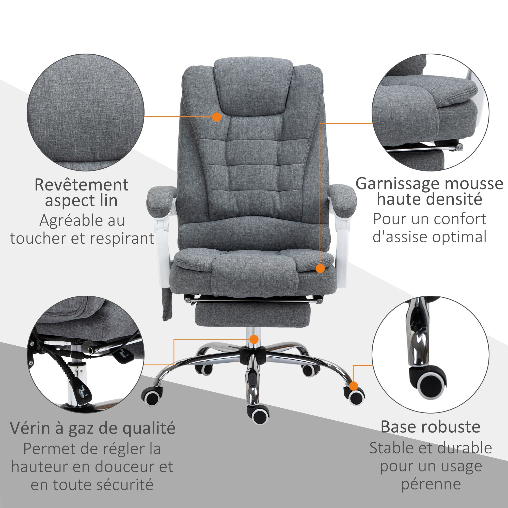 Fauteuil de bureau massant et chauffant, chaise de bureau, chaise ergonomique avec hauteur réglable, dossier inclinable et télécommande filaire, pivotant à 360°, en toile de lin, gris