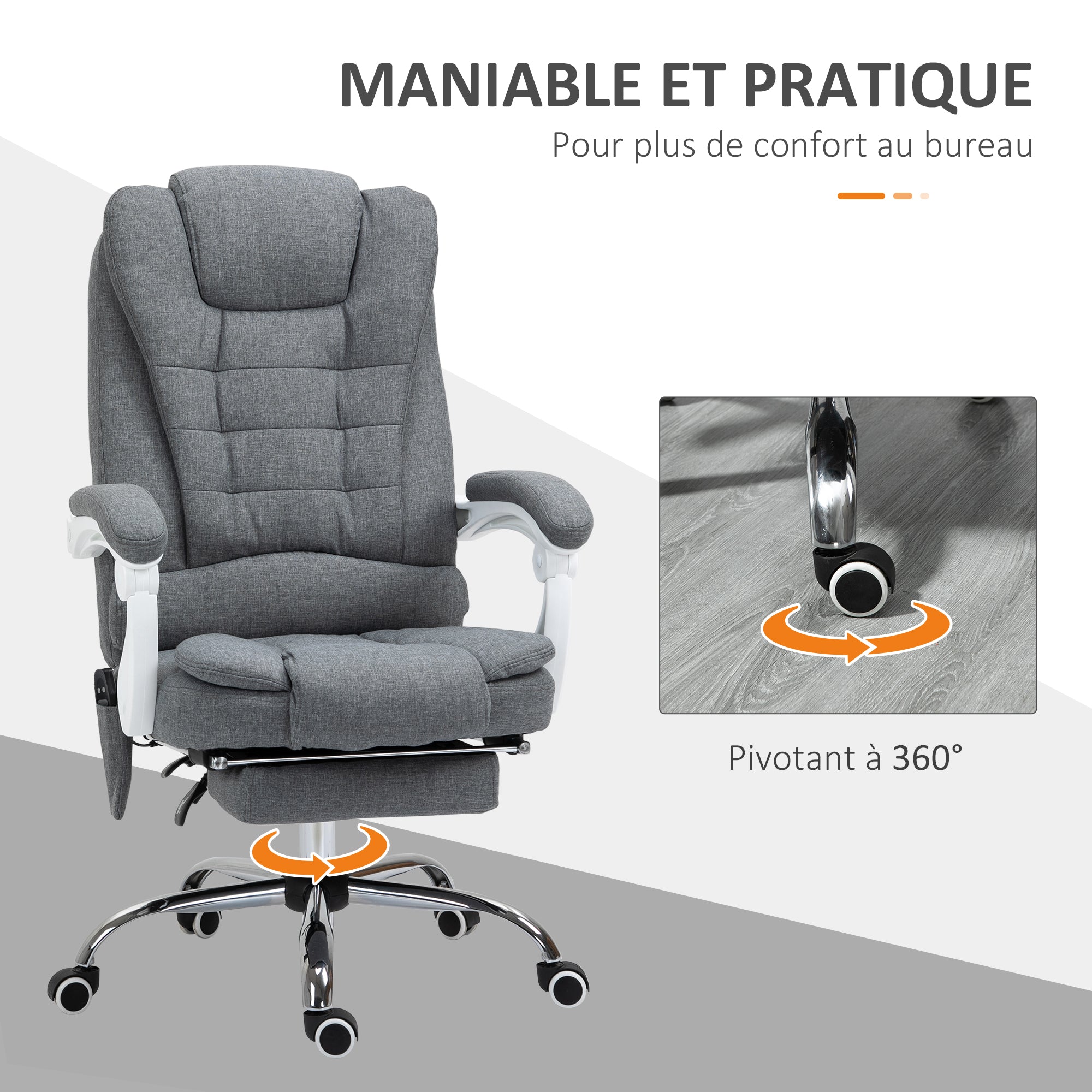 Fauteuil de bureau massant et chauffant, chaise de bureau, chaise ergonomique avec hauteur réglable, dossier inclinable et télécommande filaire, pivotant à 360°, en toile de lin, gris