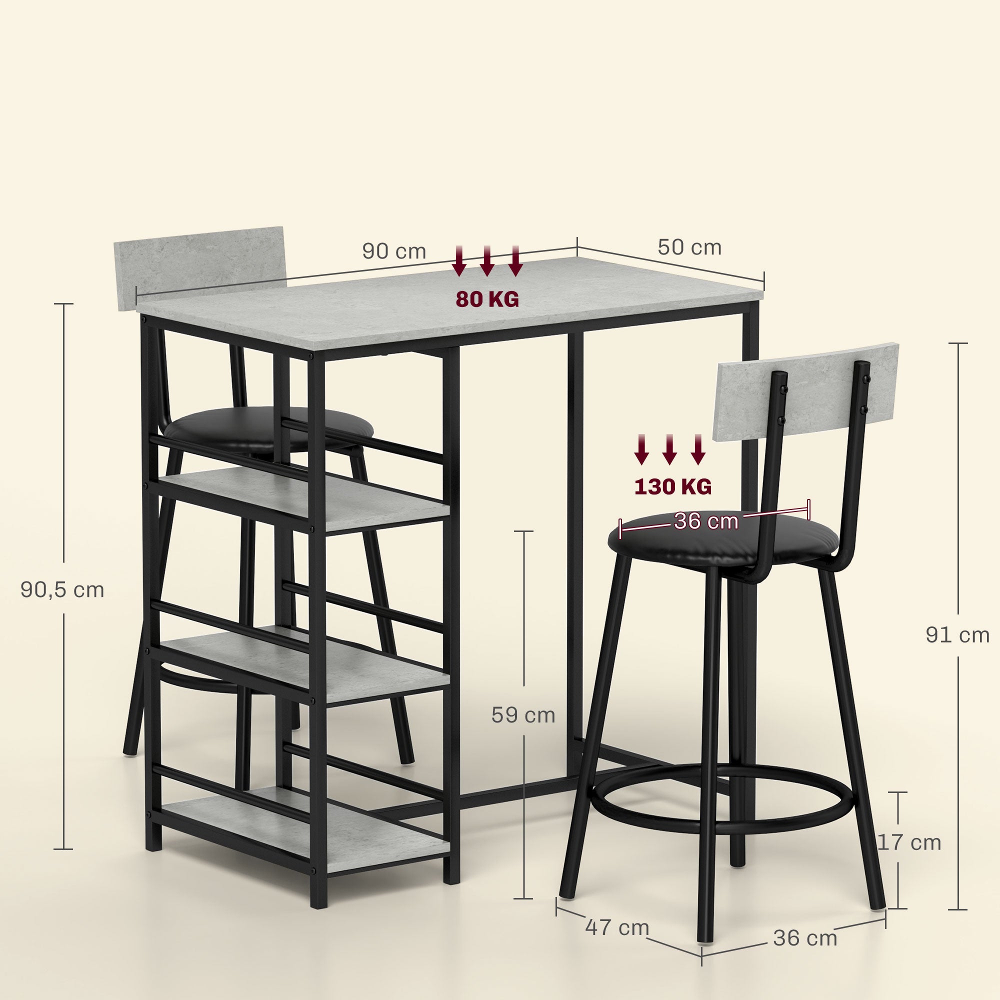 Ensemble table de bar avec tabourets, table à manger debout avec 2 chaises de bar, table haute cuisine avec étagères, table haute bar et 2 tabourets pour salle à manger, cuisine, gris et noir