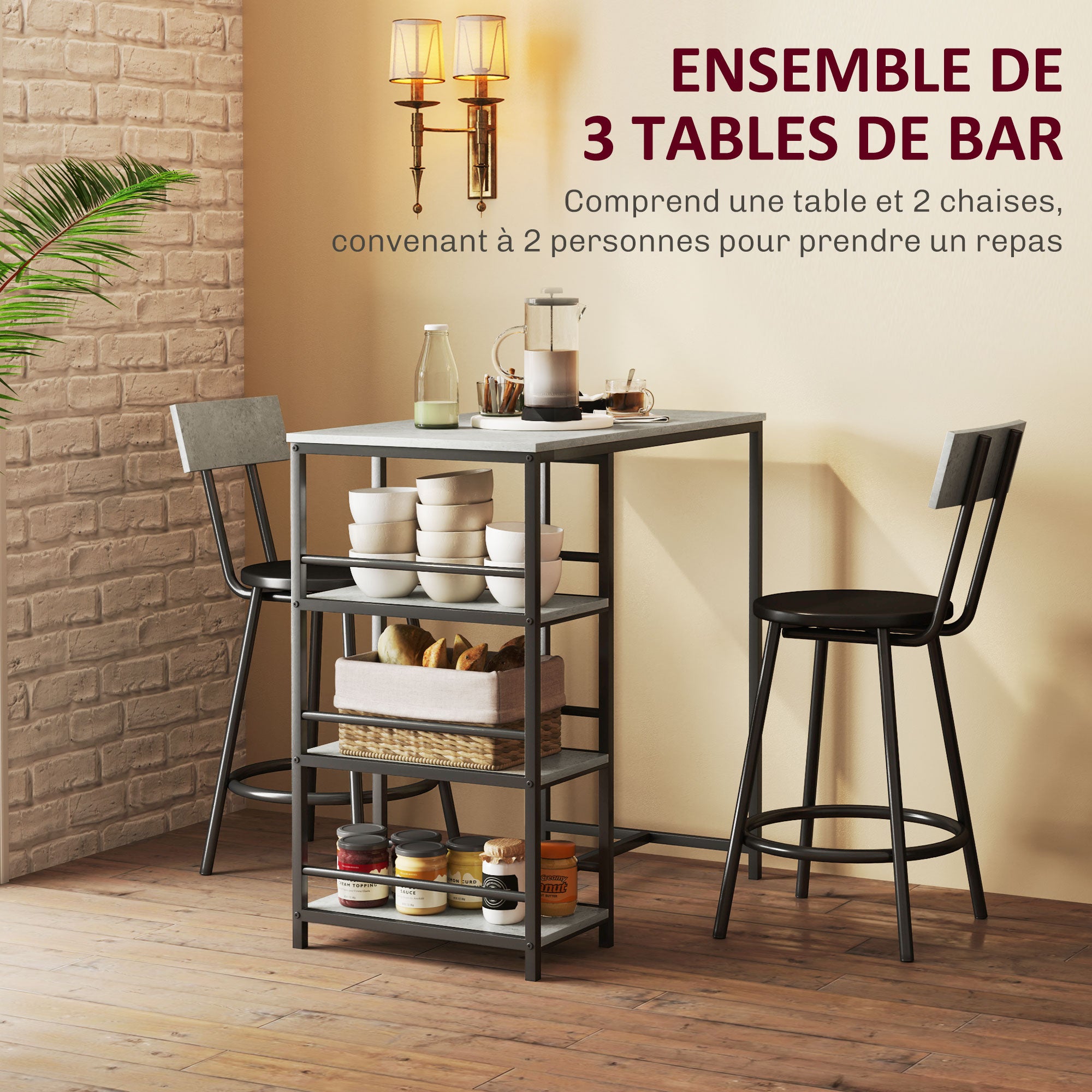 Ensemble table de bar avec tabourets, table à manger debout avec 2 chaises de bar, table haute cuisine avec étagères, table haute bar et 2 tabourets pour salle à manger, cuisine, gris et noir