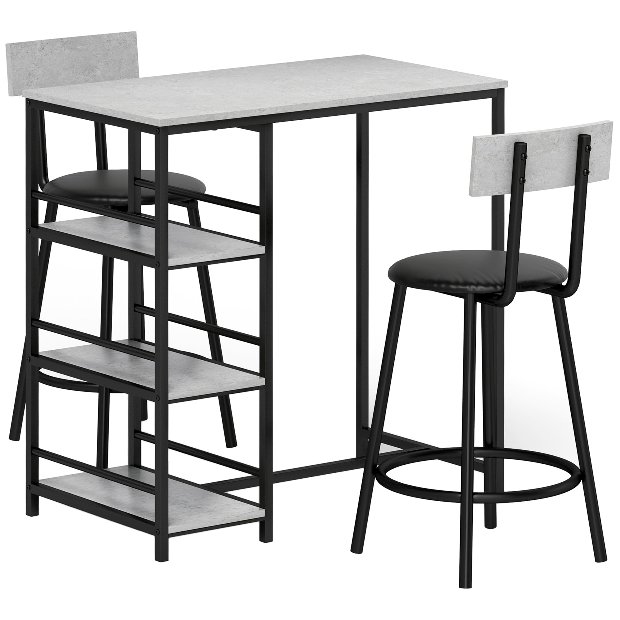Ensemble table de bar avec tabourets, table à manger debout avec 2 chaises de bar, table haute cuisine avec étagères, table haute bar et 2 tabourets pour salle à manger, cuisine, gris et noir