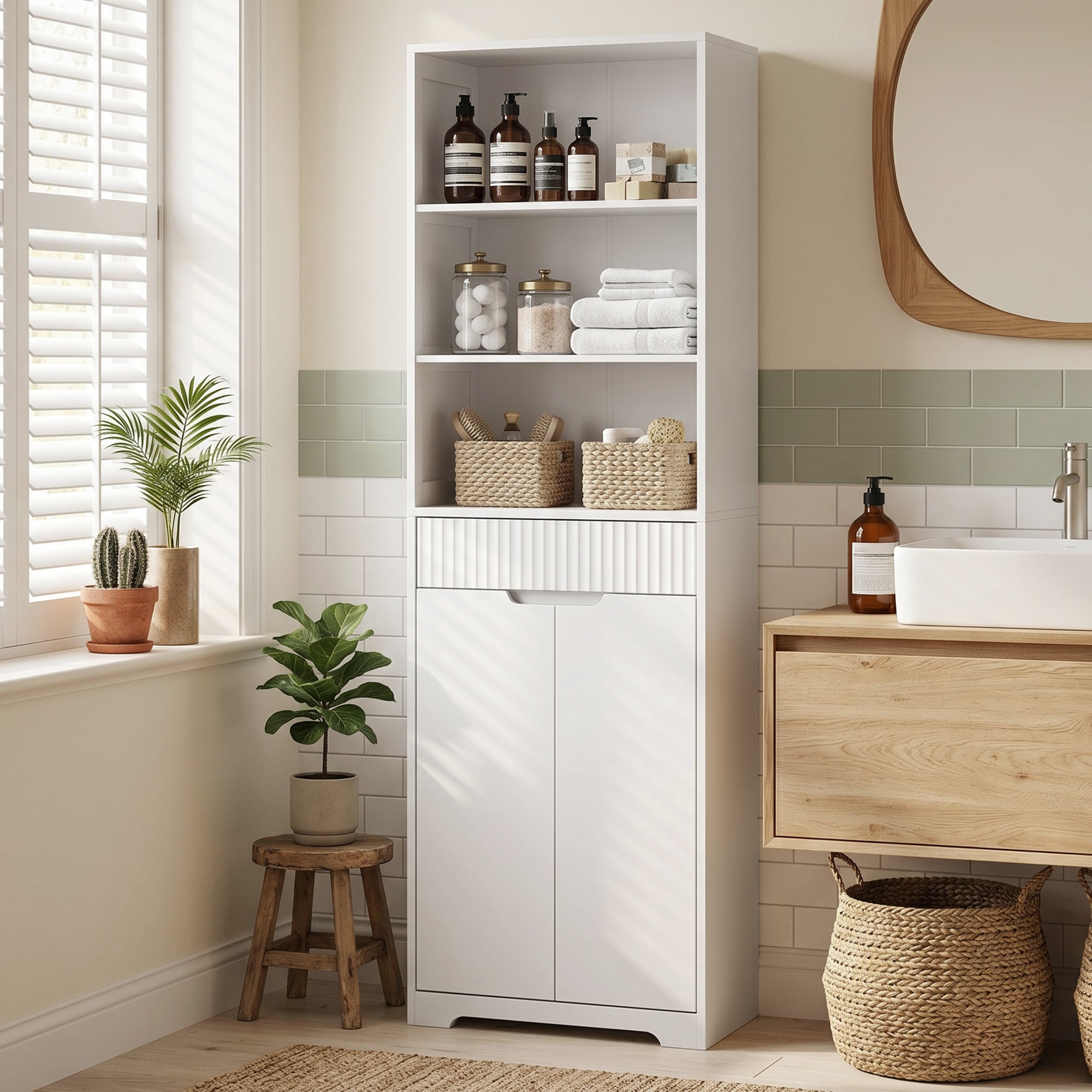 Meuble de salle de bain haut, meuble de rangement avec 2 portes à fermeture douce, tiroir, 3 compartiments ouverts et étagères réglables, style moderne, pour salon, chambre, 60x30x171cm, blanc