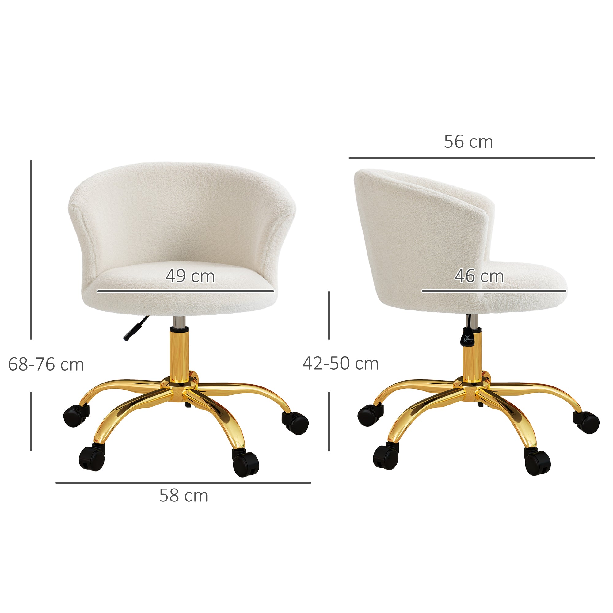 Chaise bureau ergonomique en polaire Teddy, chaise coiffeuse, fauteuil pivotante avec hauteur réglable, assise rembourrée et piètement acier doré, pour bureau, salon, chambre, blanc