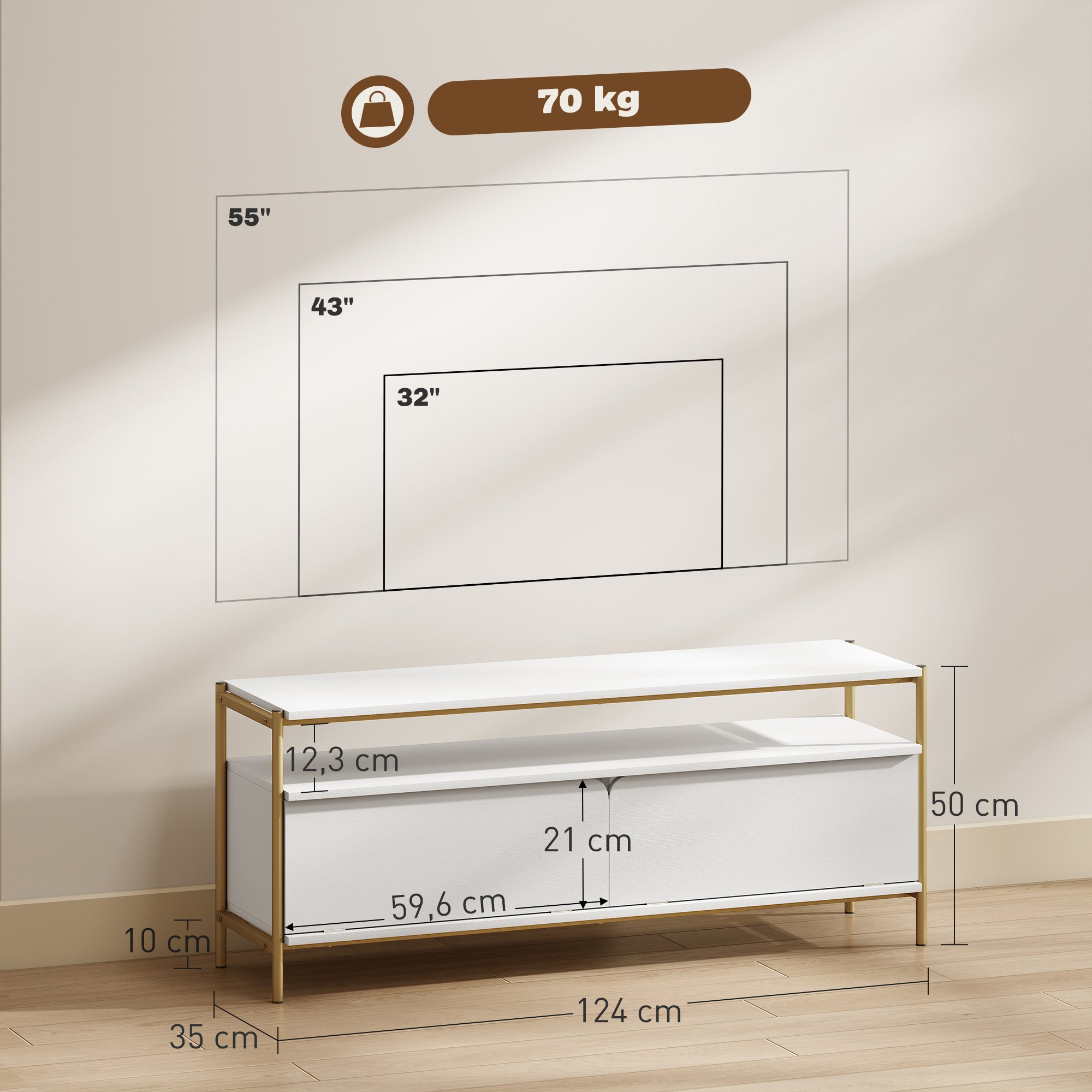 Meuble TV meuble télé pour téléviseur jusqu'à 55 pouces avec 2 portes rabattables et étagère ouverte, cadre en acier, banc TV moderne pour salon chambre à coucher, 124 x 35 x 50 cm, blanc
