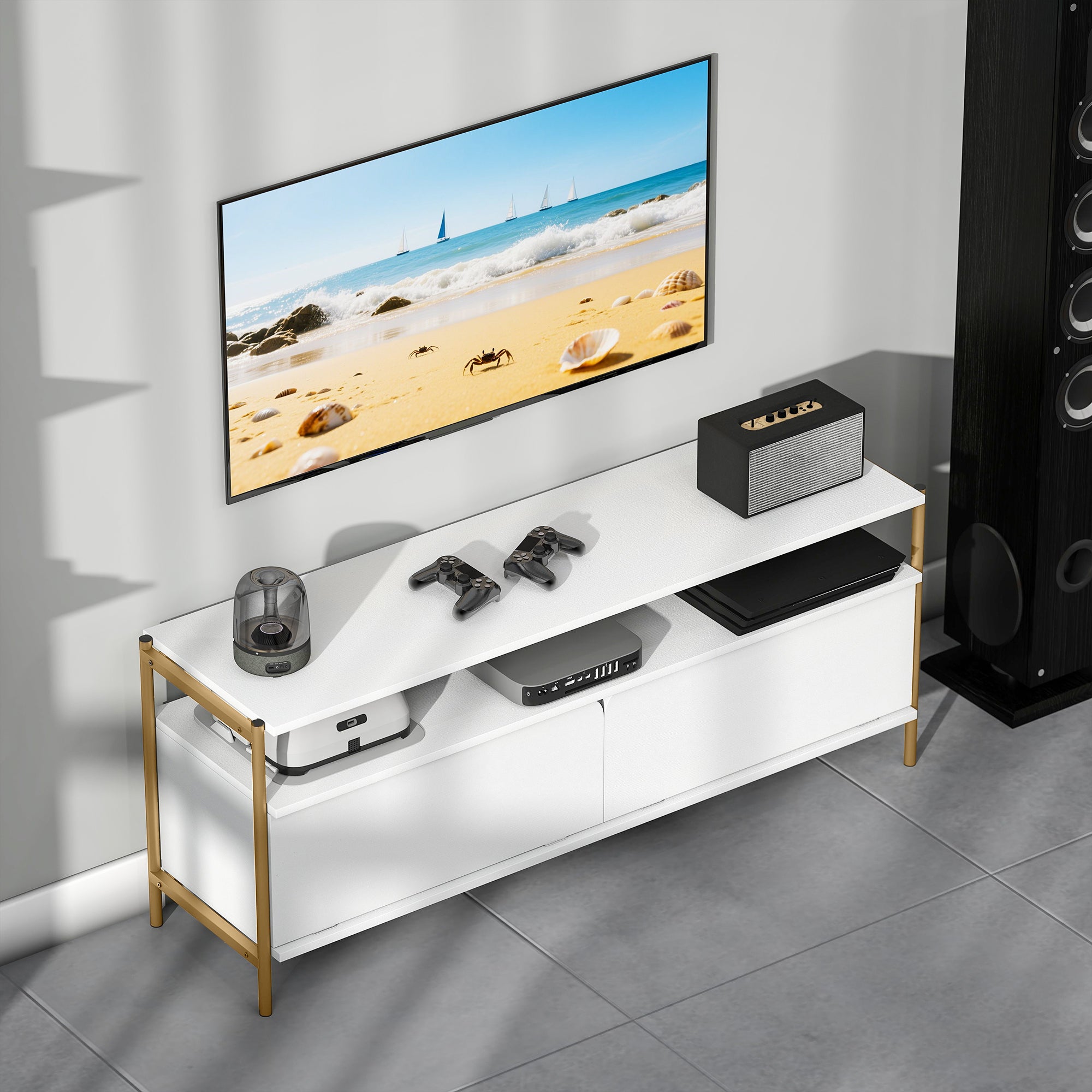 Meuble TV meuble télé pour téléviseur jusqu'à 55 pouces avec 2 portes rabattables et étagère ouverte, cadre en acier, banc TV moderne pour salon chambre à coucher, 124 x 35 x 50 cm, blanc