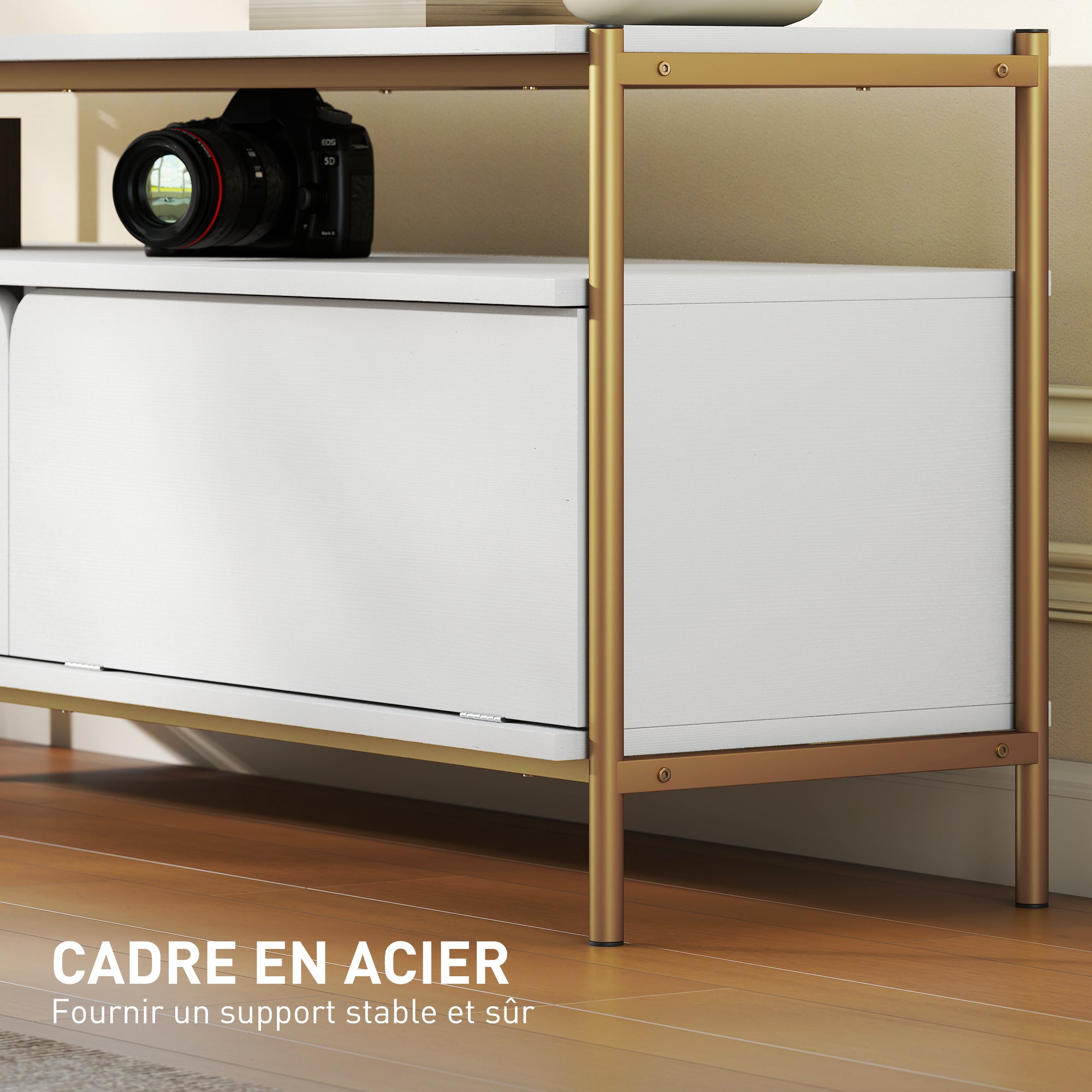 Meuble TV meuble télé pour téléviseur jusqu'à 55 pouces avec 2 portes rabattables et étagère ouverte, cadre en acier, banc TV moderne pour salon chambre à coucher, 124 x 35 x 50 cm, blanc