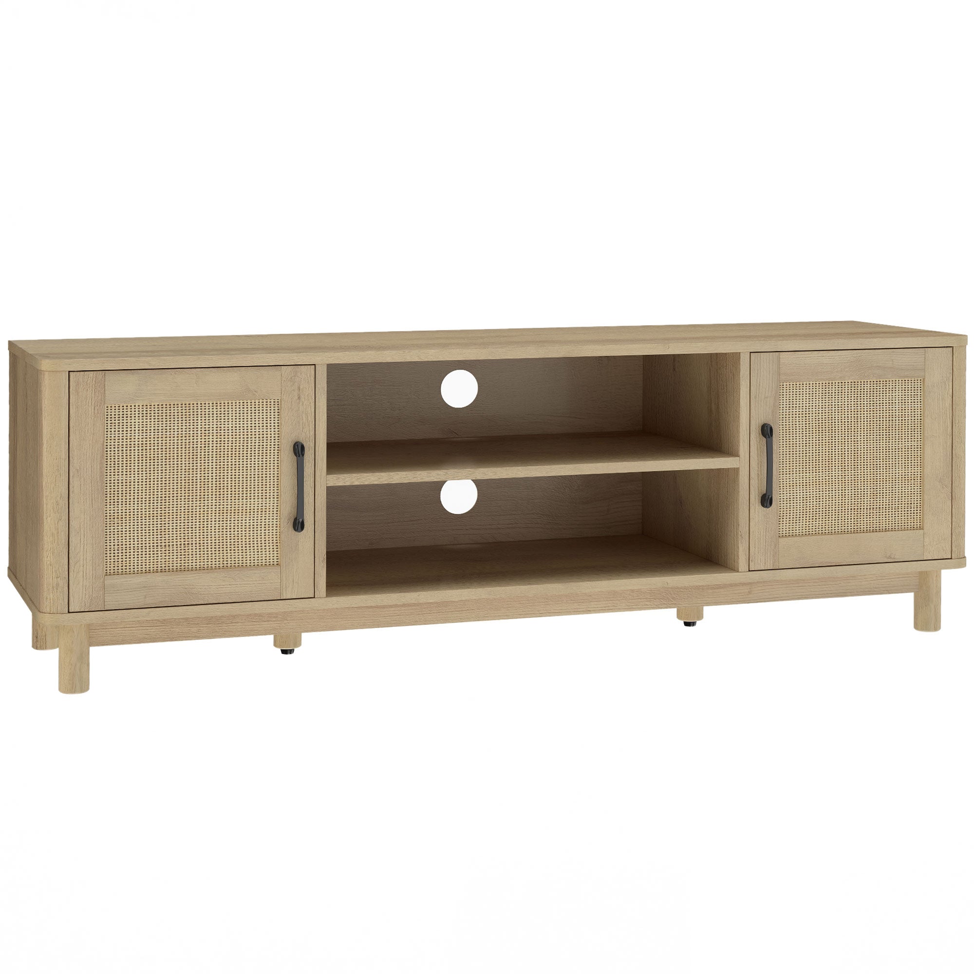 Meuble TV 135 cm, meuble télé pour téléviseur jusqu'à 65 pouces avec 2 portes en rotin, 2 compartiments ouverts, style bohème, 6 pieds en bois de pin, banc TV pour salon, chambre, chêne