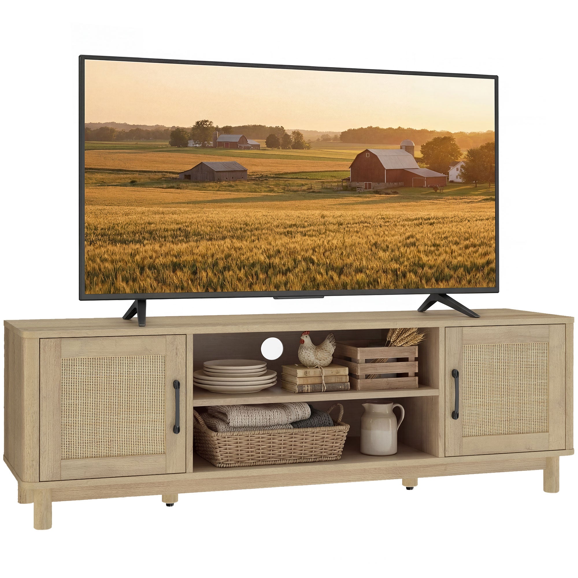 Meuble TV 135 cm, meuble télé pour téléviseur jusqu'à 65 pouces avec 2 portes en rotin, 2 compartiments ouverts, style bohème, 6 pieds en bois de pin, banc TV pour salon, chambre, chêne