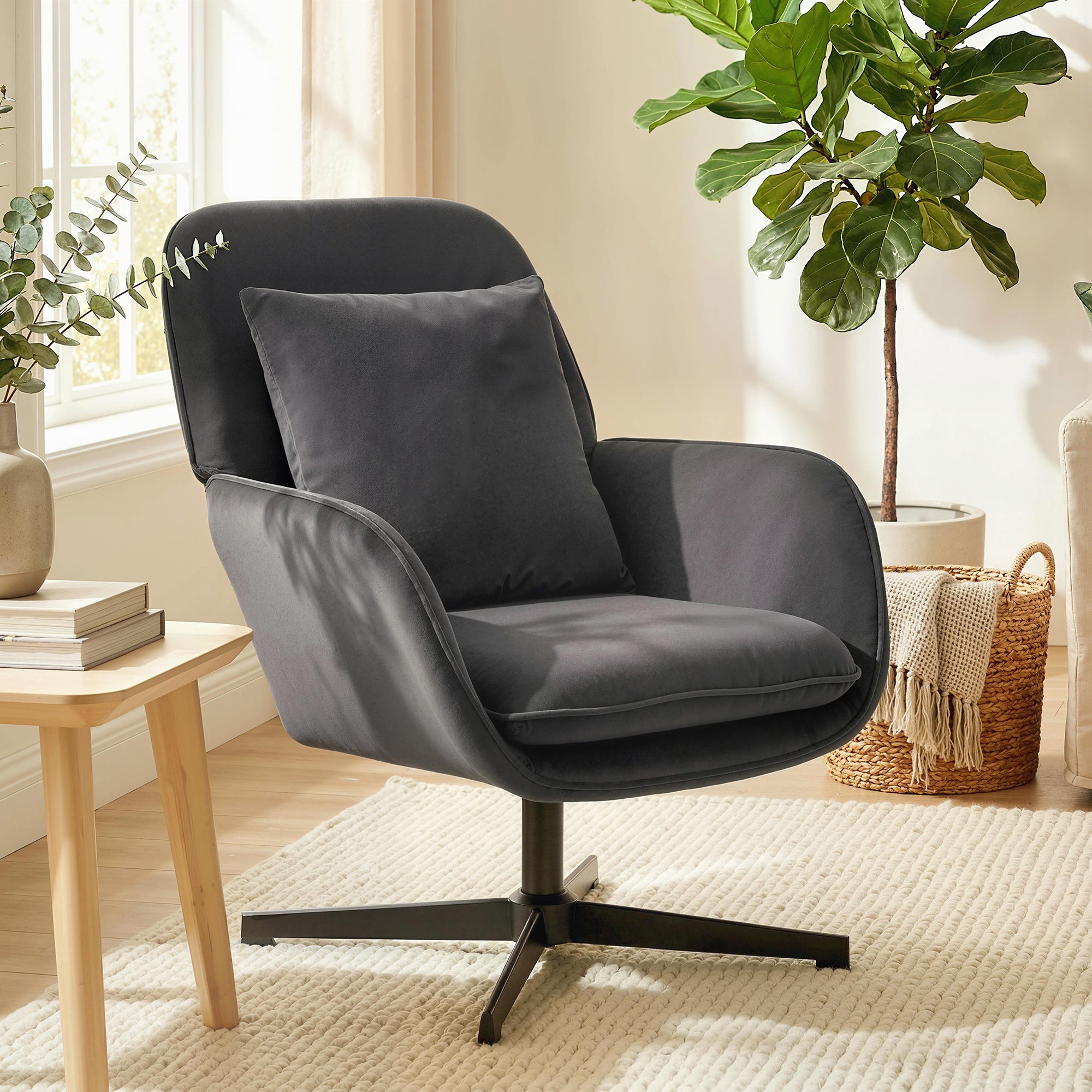 Fauteuil salon pivotant, fauteuil d'appoint rembourré en velours avec large assise, coussin et structure en métal, chaise de salon, chambre, coins lecture, gris foncé