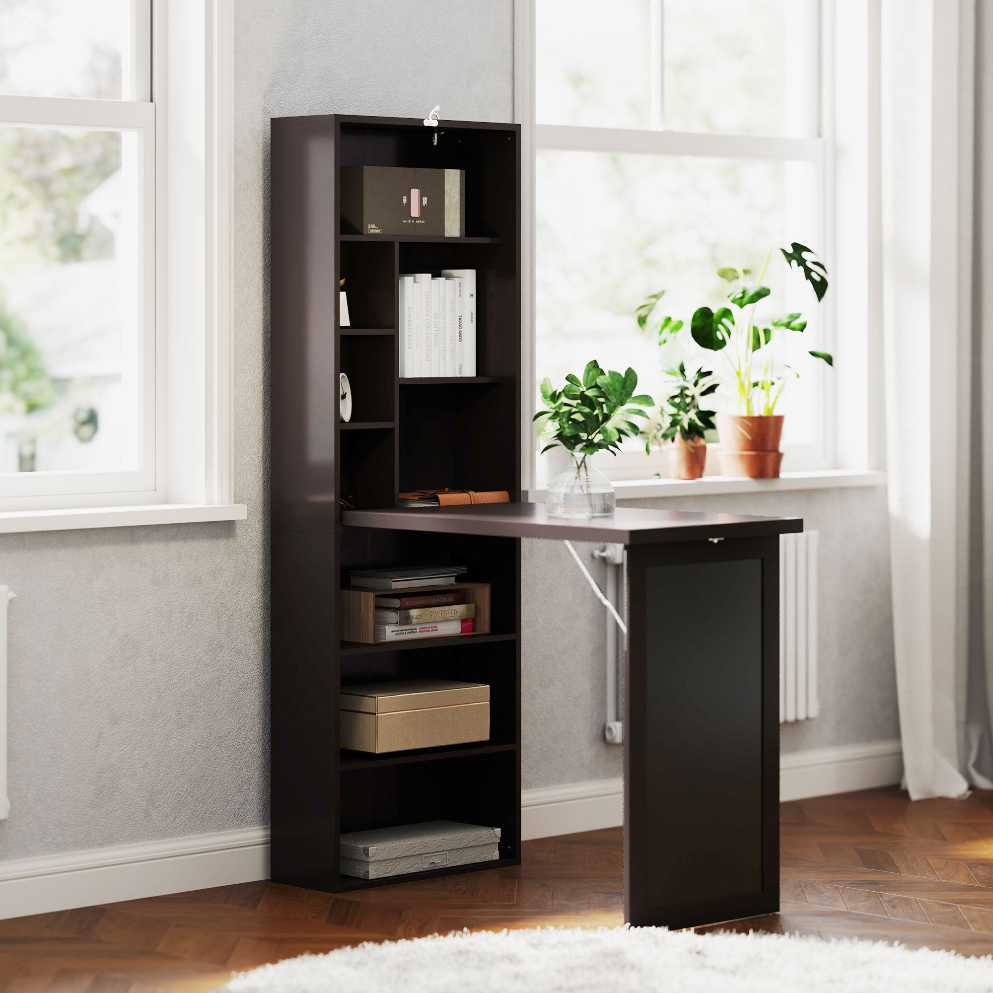 Bureau informatique pliable, bureau avec bibliothèque, poste de travail, tableau noir, 9 compartiments ouverts et étagère réglable, table d'ordinateur pour chambre, 98x51x153cm, marron