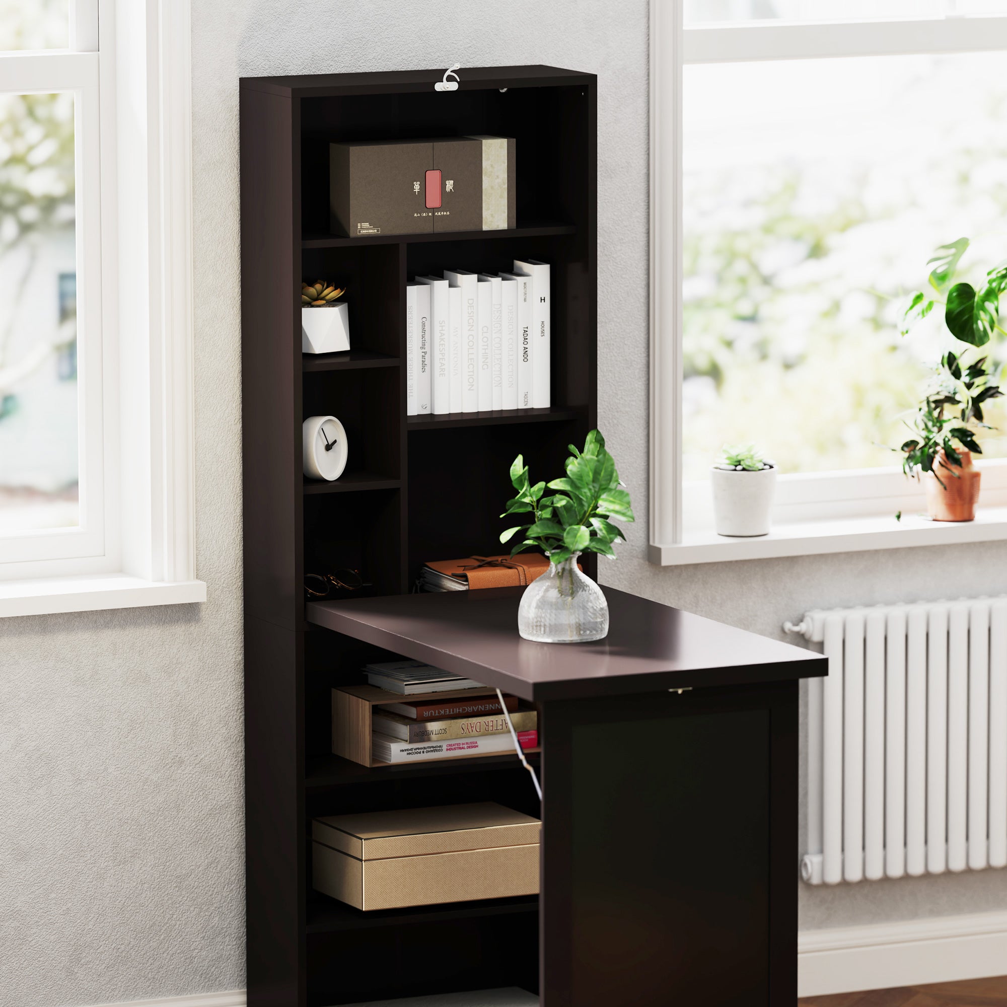 Bureau informatique pliable, bureau avec bibliothèque, poste de travail, tableau noir, 9 compartiments ouverts et étagère réglable, table d'ordinateur pour chambre, 98x51x153cm, marron
